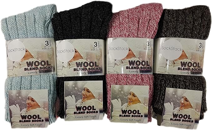 6 Pairs Of Ladies Chunky Wool Socks, Women's Warm Thermal Sock. Buy now for £12.00. A Socks by Sock Stack. assorted, chunky, ladies, Lambs wool, light assorted, socks, soft, thermal, warm, winter, winter socks, women, womens, wool, work socks.