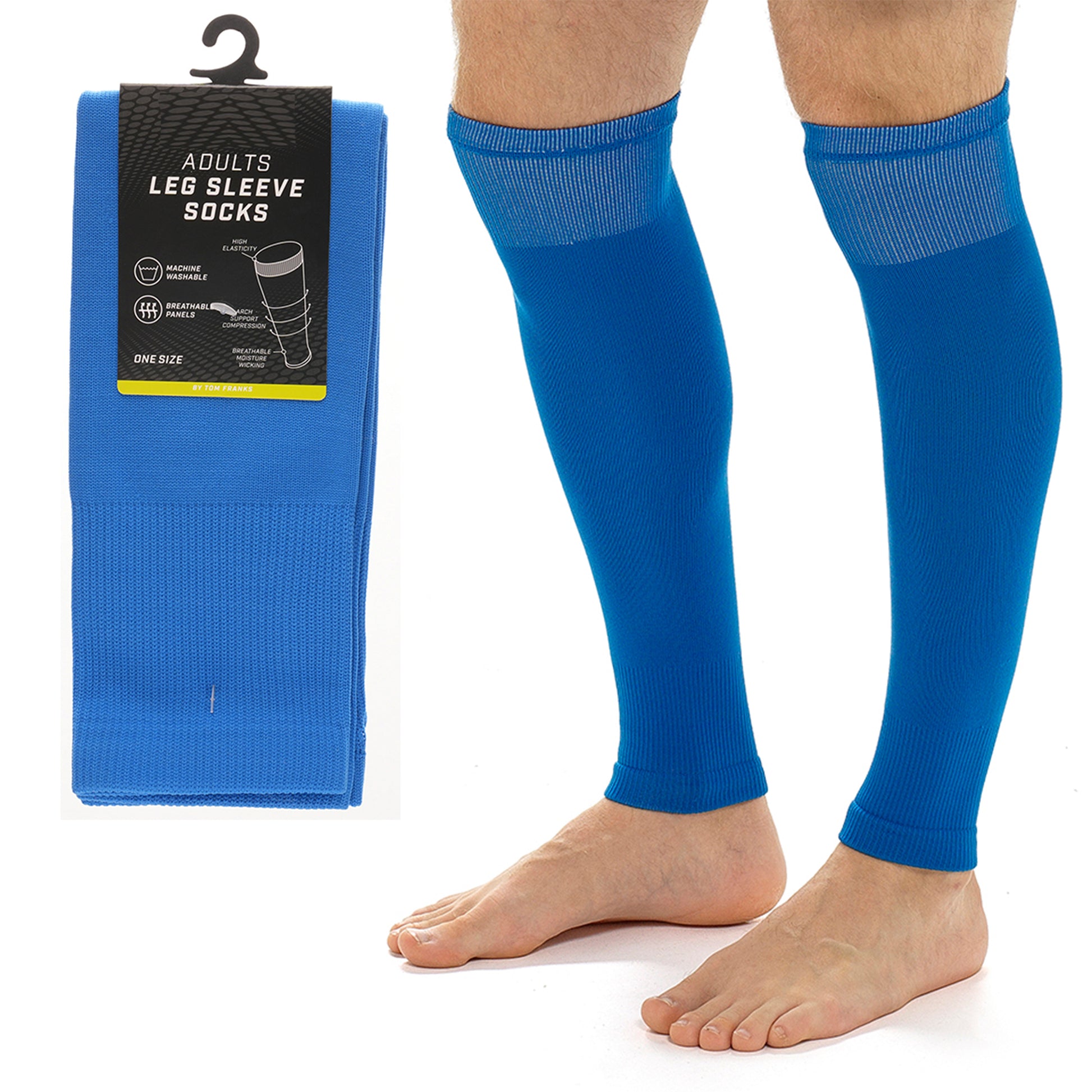 Adults Blue Football Leg Sleeve Socks Compression Support Fits Over Shin Pads Breathable & Secure for Training Running by Sock Stack. Buy now for £9.00.