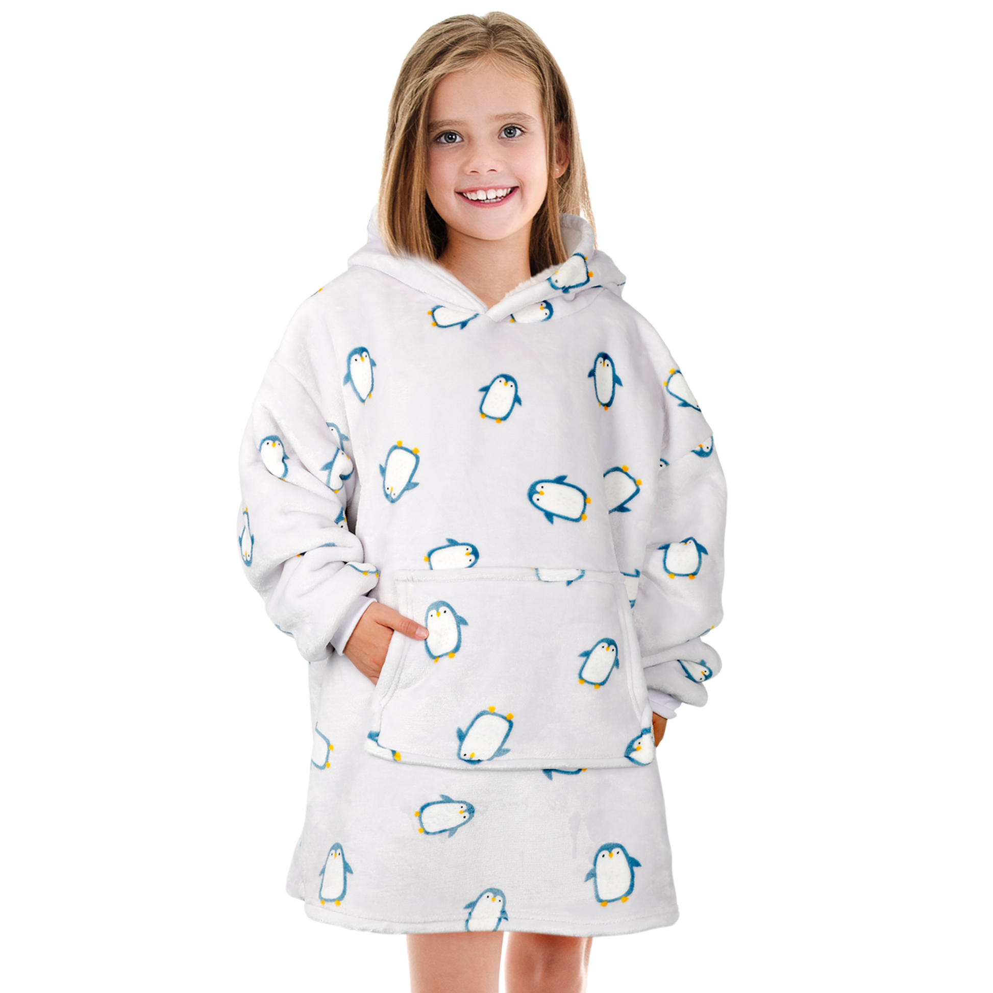 Kids Cozy Oversized Hooded Penguin Blanket Plush Flannel Fleece Hoodie with Sherpa Lining Ages 8-15 Warm Comfortable Durable Loungewear Gift by Daisy Dreamer. Buy now for £15.00.