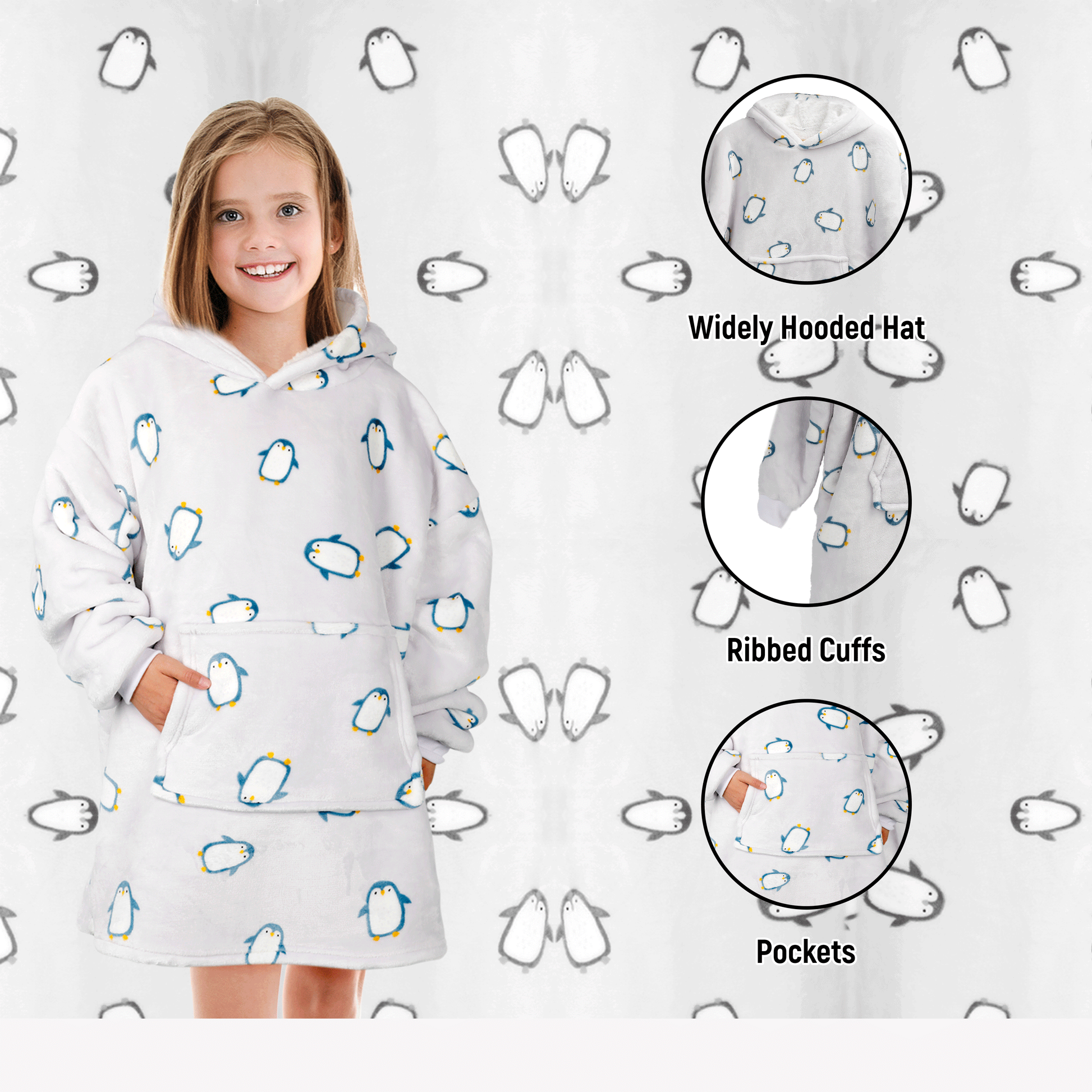 Kids Cozy Oversized Hooded Penguin Blanket Plush Flannel Fleece Hoodie with Sherpa Lining Ages 8-15 Warm Comfortable Durable Loungewear Gift by Daisy Dreamer. Buy now for £15.00.