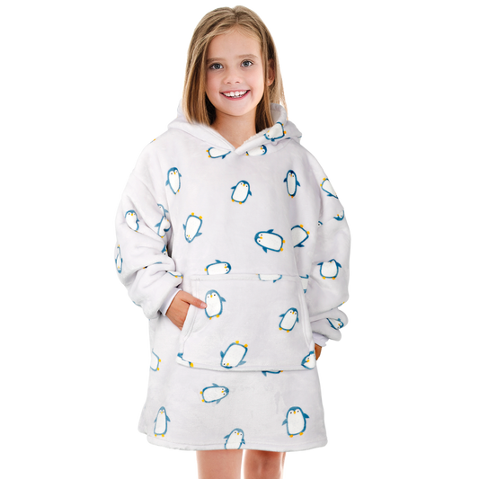 Kids Cozy Oversized Hooded Penguin Blanket Plush Flannel Fleece Hoodie with Sherpa Lining Ages 8-15 Warm Comfortable Durable Loungewear Gift by Daisy Dreamer. Buy now for £15.00.
