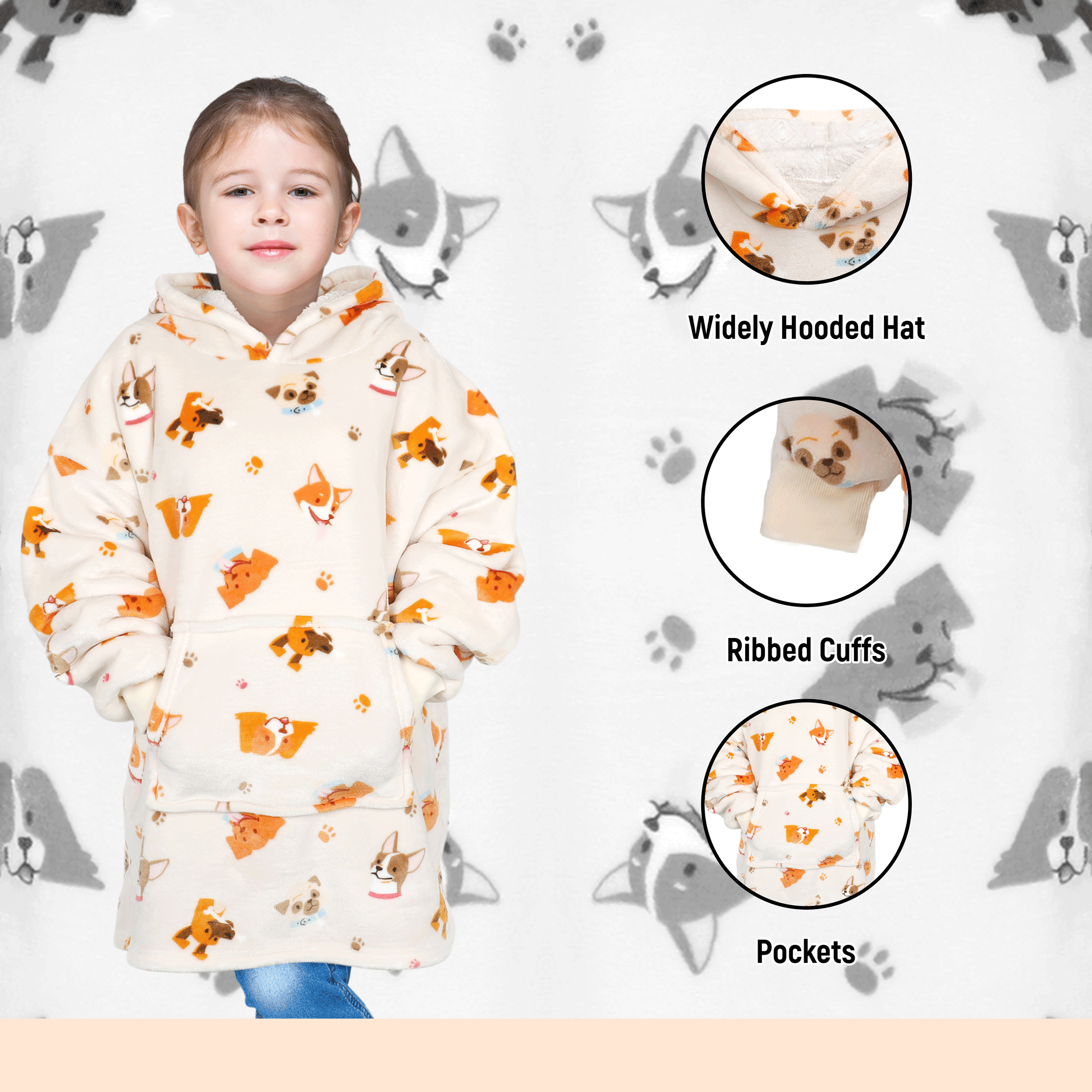 Kids Oversized Hooded Blanket Sweatshirt Ultra Soft Sherpa Fur Flannel Fleece Hoodie for Ages 8-15 with Fun Dog Print by Daisy Dreamer. Buy now for £15.00.