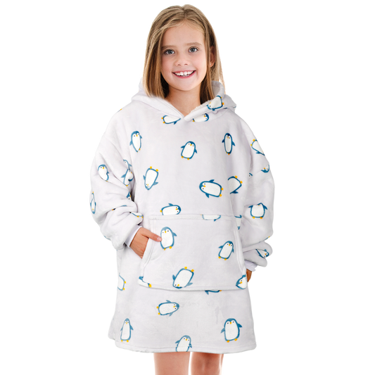 Cozy Kids Oversized Hooded Penguin Blanket by Daisy Dreamer - Children's Plush Flannel Fleece Hoodie Blanket with Sherpa Lining for Ages 8-15 - Perfect for Lounging, Outdoor Events, Camping - Warm, Comfortable, and Durable Loungewear Gift