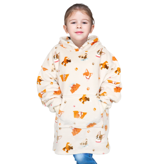Kids Cozy Oversized Hooded Dogs Blanket by Daisy Dreamer Children's Plush Hoodie Sweatshirt Ultra Soft Sherpa Fur Loungewear Warm Flannel Nightwear Giant Hoodie for Ages 8-15 Perfect for Lounging Camping Sleepovers and Outdoor Events Fun Dog Print
