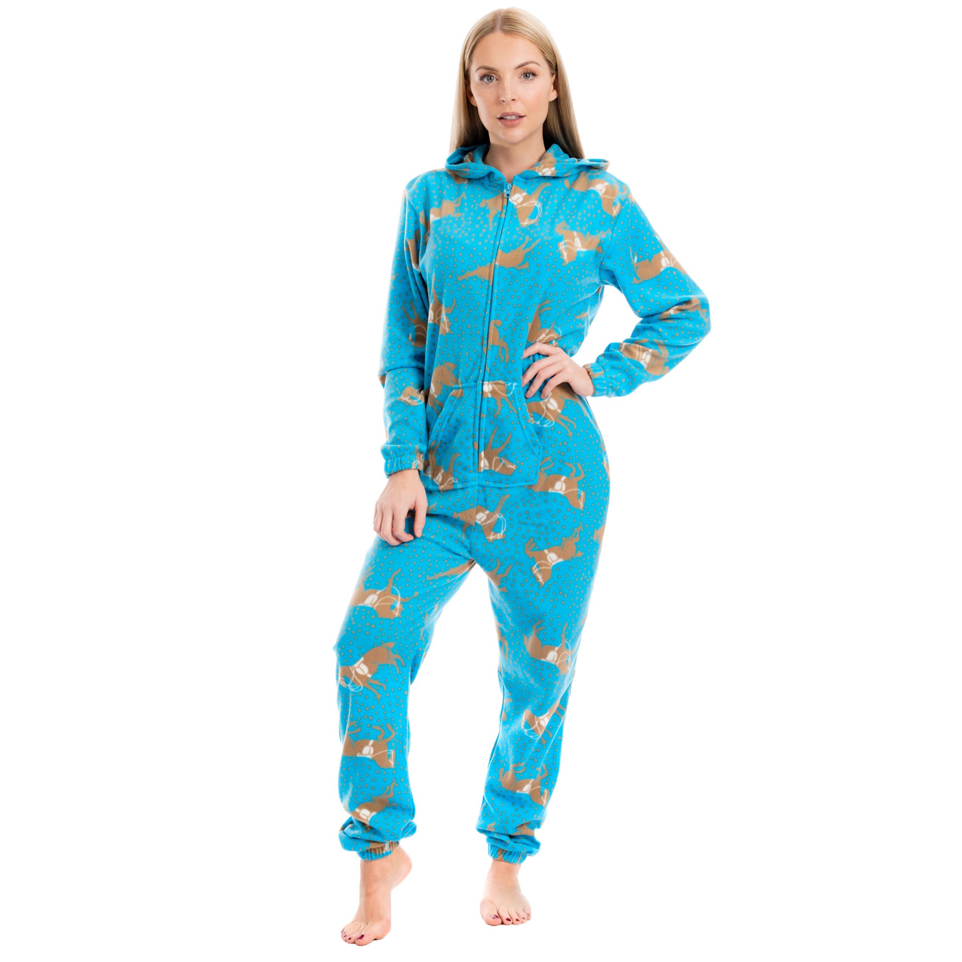 Ladies Soft Horse Print Fleece Hooded Onesie Pyjamas Warm Nightwear Jumpsuit with Zipper Elastic Cuffs Pink Blue Sizes 10-20 by Daisy Dreamer. Buy now for £10.00.