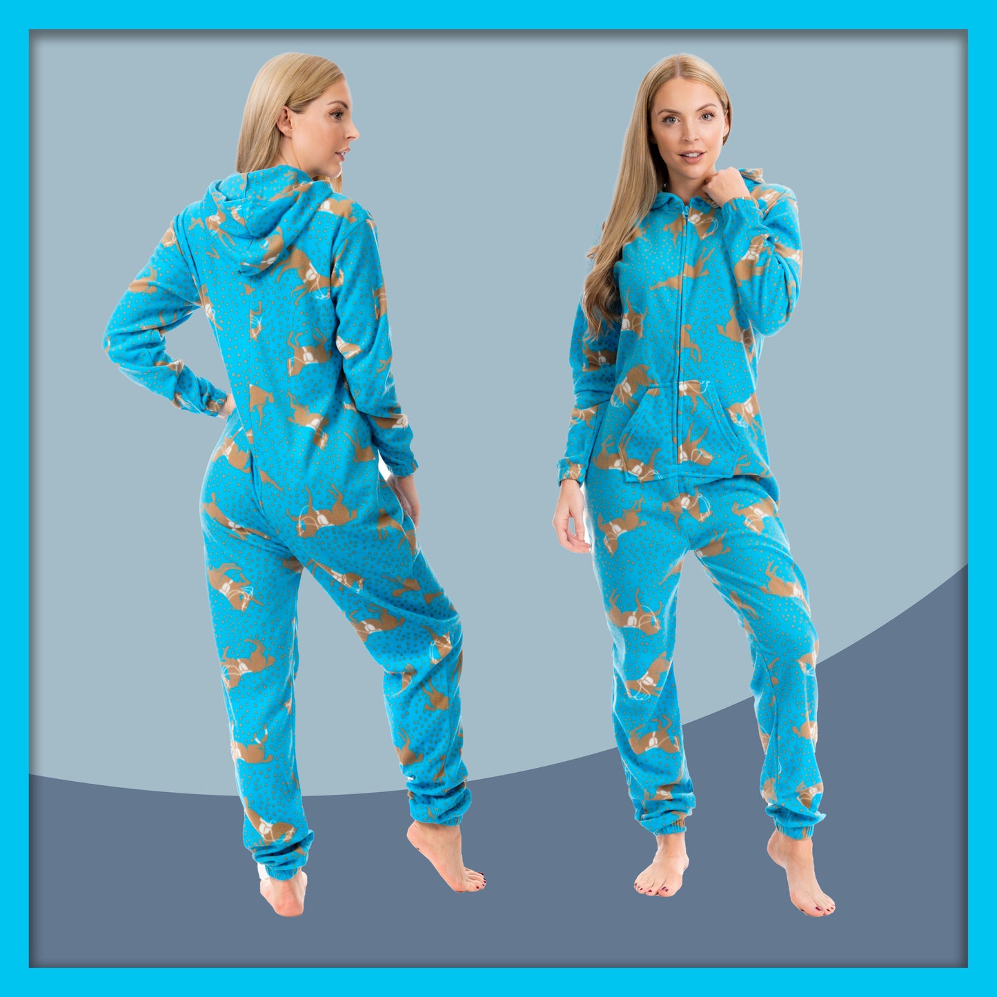 Ladies Soft Horse Print Fleece Hooded Onesie Pyjamas Warm Nightwear Jumpsuit with Zipper Elastic Cuffs Pink Blue Sizes 10-20 by Daisy Dreamer. Buy now for £10.00.