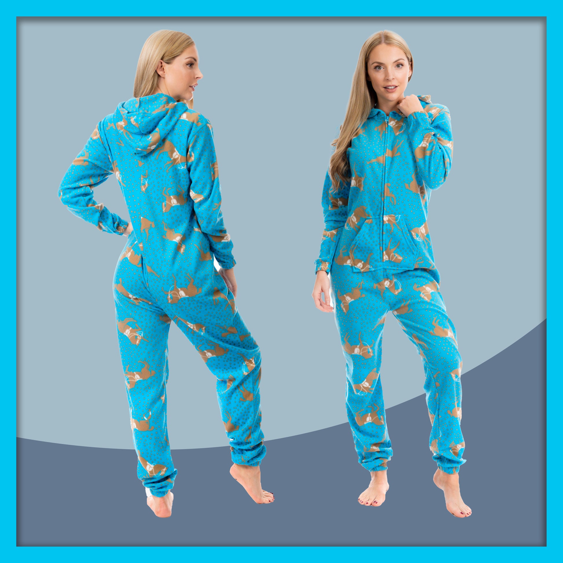 Ladies Soft Horse Print Fleece Hooded Onesie Pyjamas Warm Nightwear Jumpsuit with Zipper Elastic Cuffs Pink Blue Sizes 10-20 by Daisy Dreamer. Buy now for £10.00.