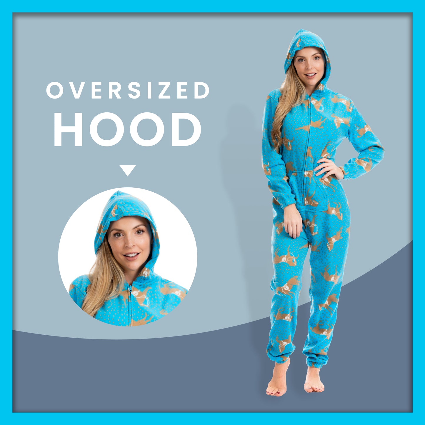 Ladies Soft Horse Print Fleece Hooded Onesie Pyjamas Warm Nightwear Jumpsuit with Zipper Elastic Cuffs Pink Blue Sizes 10-20 by Daisy Dreamer. Buy now for £10.00.