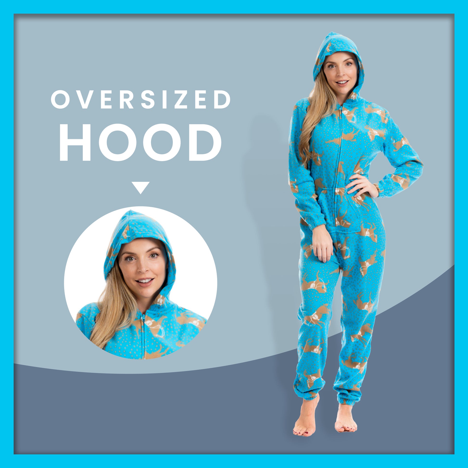 Ladies Soft Horse Print Fleece Hooded Onesie Pyjamas Warm Nightwear Jumpsuit with Zipper Elastic Cuffs Pink Blue Sizes 10-20 by Daisy Dreamer. Buy now for £10.00.