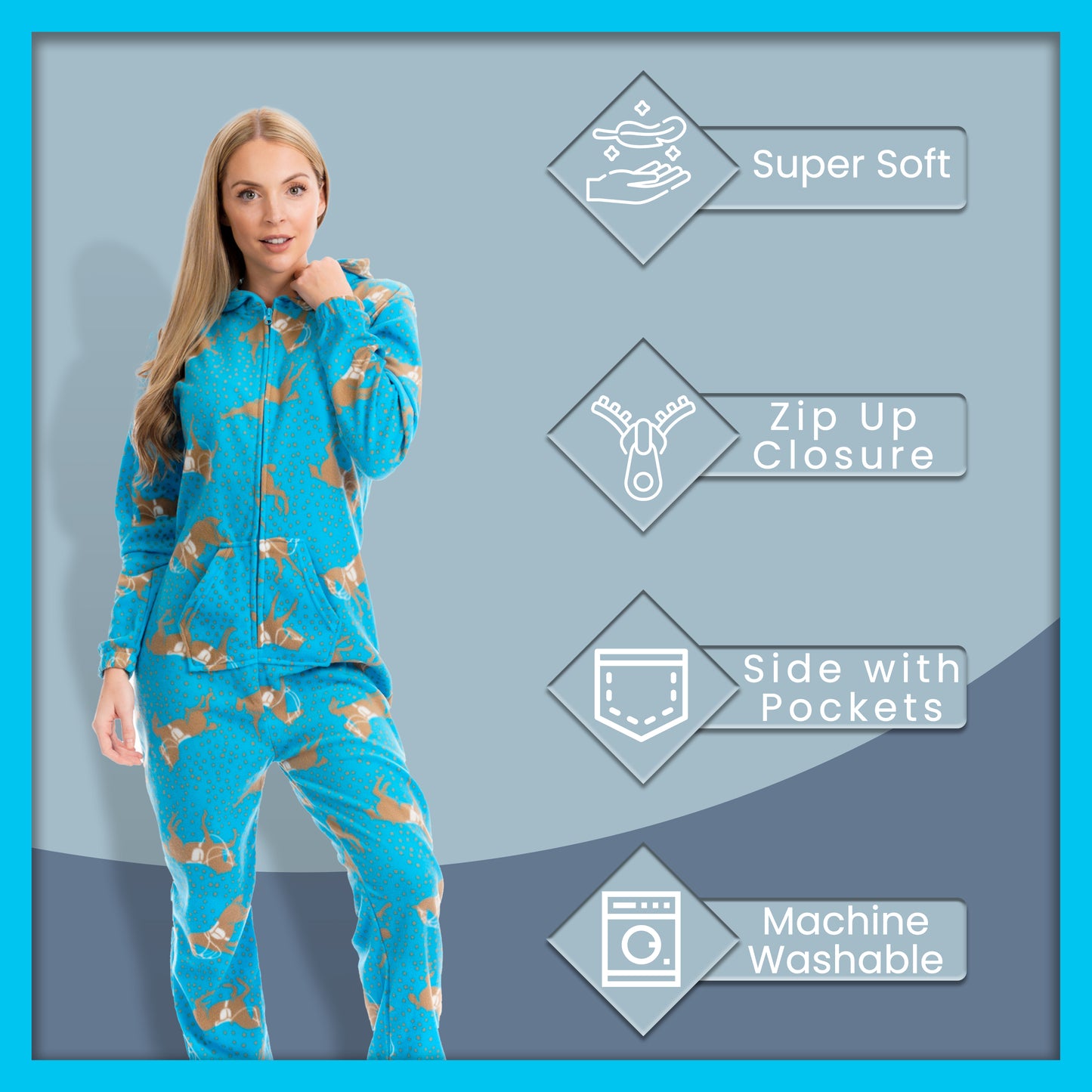 Ladies Soft Horse Print Fleece Hooded Onesie Pyjamas Warm Nightwear Jumpsuit with Zipper Elastic Cuffs Pink Blue Sizes 10-20 by Daisy Dreamer. Buy now for £10.00.