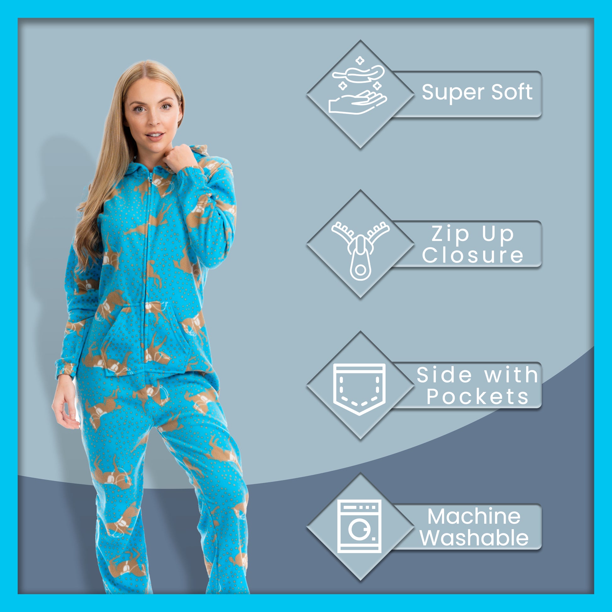 Ladies Soft Horse Print Fleece Hooded Onesie Pyjamas Warm Nightwear Jumpsuit with Zipper Elastic Cuffs Pink Blue Sizes 10-20 by Daisy Dreamer. Buy now for £10.00.