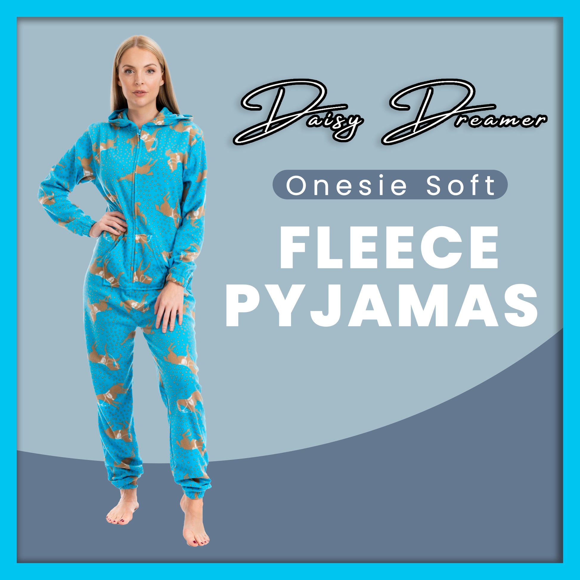 Ladies Soft Horse Print Fleece Hooded Onesie Pyjamas Warm Nightwear Jumpsuit with Zipper Elastic Cuffs Pink Blue Sizes 10-20 by Daisy Dreamer. Buy now for £10.00.