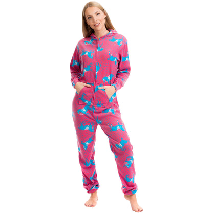 Ladies Soft Horse Print Fleece Hooded Onesie Pyjamas Warm Nightwear Jumpsuit with Zipper Elastic Cuffs Pink Blue Sizes 10-20 by Daisy Dreamer. Buy now for £10.00.