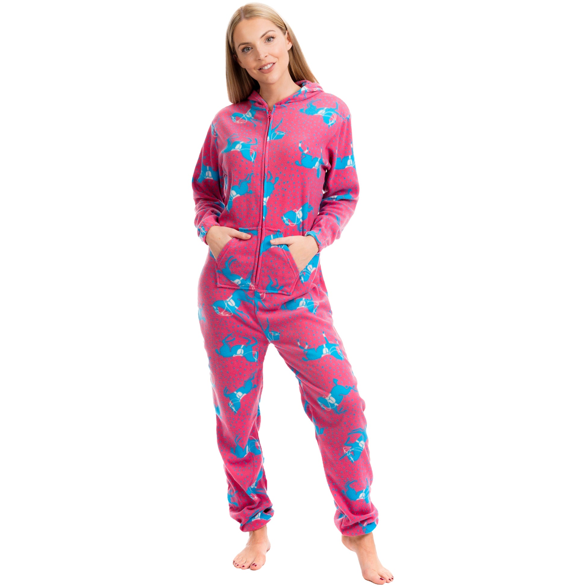 Ladies Soft Horse Print Fleece Hooded Onesie Pyjamas Warm Nightwear Jumpsuit with Zipper Elastic Cuffs Pink Blue Sizes 10-20 by Daisy Dreamer. Buy now for £10.00.