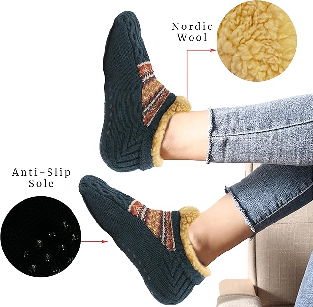 Luxurious Nordic Fluffy Sherpa Lined Slipper Socks for Men and Women Warm Non-Slip Indoor Winter House Shoes Fair Isle Black Navy Grey UK 4-7 8-12 by Sock Stack. Buy now for £9.00.