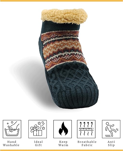 Luxurious Nordic Fluffy Sherpa Lined Slipper Socks for Men and Women Warm Non-Slip Indoor Winter House Shoes Fair Isle Black Navy Grey UK 4-7 8-12 by Sock Stack. Buy now for £9.00.