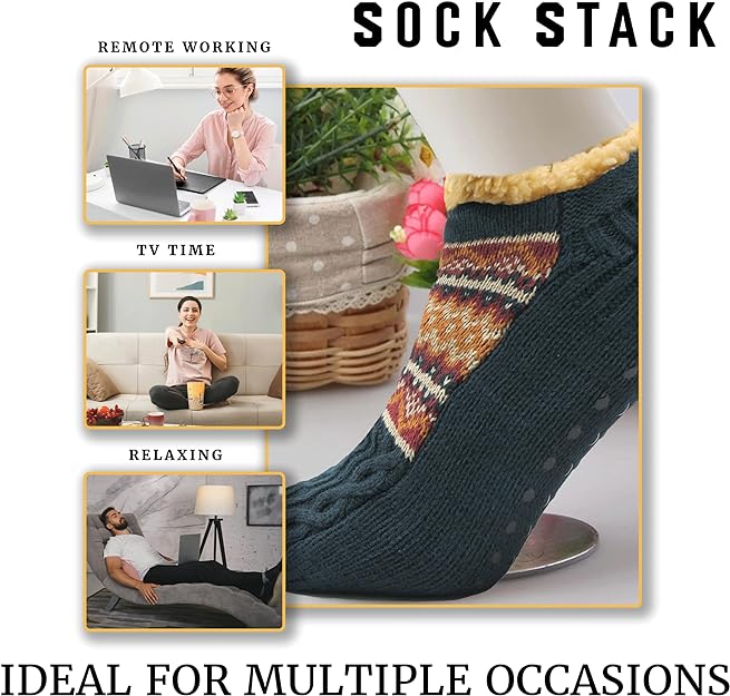 Luxurious Nordic Fluffy Sherpa Lined Slipper Socks for Men and Women Warm Non-Slip Indoor Winter House Shoes Fair Isle Black Navy Grey UK 4-7 8-12 by Sock Stack. Buy now for £9.00.