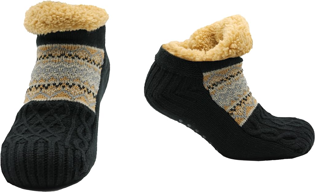 Luxurious Nordic Fluffy Sherpa Lined Slipper Socks for Men and Women Warm Non-Slip Indoor Winter House Shoes Fair Isle Black Navy Grey UK 4-7 8-12 by Sock Stack. Buy now for £9.00.