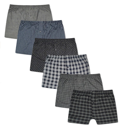 Pack Of 6 Kids Woven Boxers, Loose Fit Boxershorts, Comfort Waistband Underwear (KB01). Buy now for £8.00. A Boxer Shorts by Sock Stack. black, blue, boxer shorts, boys, check, childrens, classic boxers, comfortable, cotton, cotton blend, elastic, grey, k
