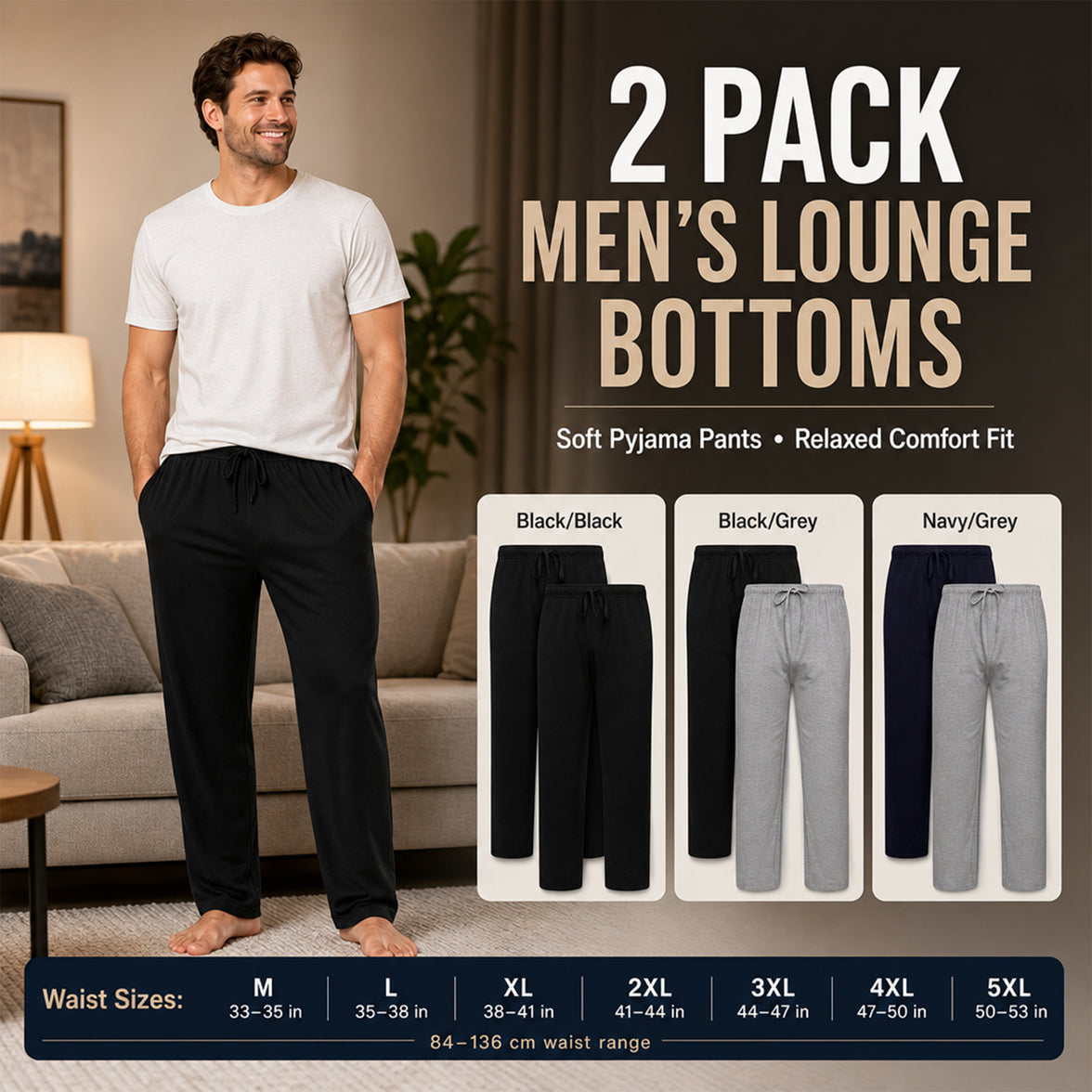 Sock Stack 2 Pack Mens Cotton Lounge Bottoms Stretchable PJ Pants Durable Cosy Cosy Super Soft Lounge Comfort
