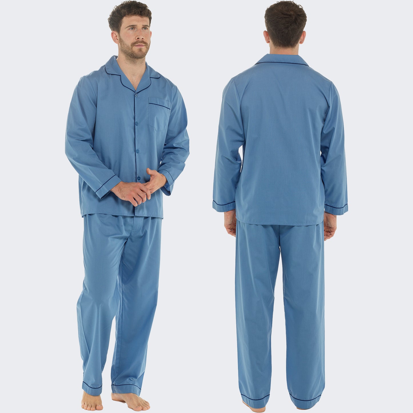 Men's Classic Blue Woven Pyjama Set Long Sleeve Button Top & Bottoms Easy Care Nightwear Sleepwear by Sock Stack. Buy now for £15.00.