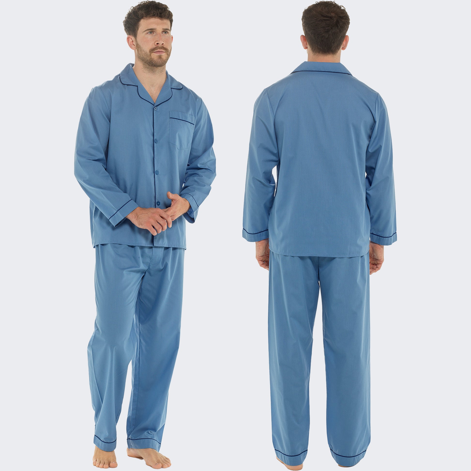 Men's Classic Blue Woven Pyjama Set Long Sleeve Button Top & Bottoms Easy Care Nightwear Sleepwear by Sock Stack. Buy now for £15.00.