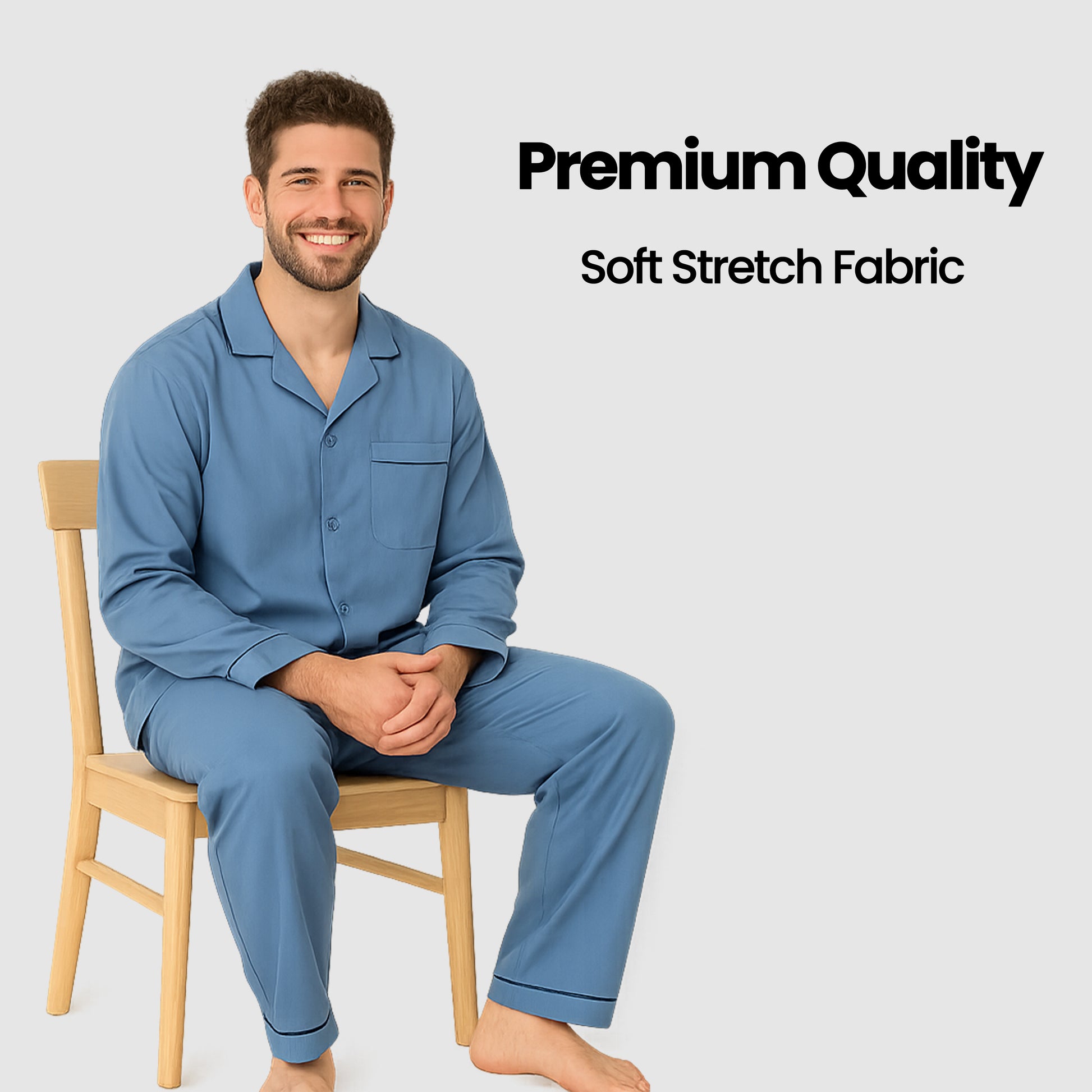Men's Classic Blue Woven Pyjama Set Long Sleeve Button Top & Bottoms Easy Care Nightwear Sleepwear by Sock Stack. Buy now for £15.00.