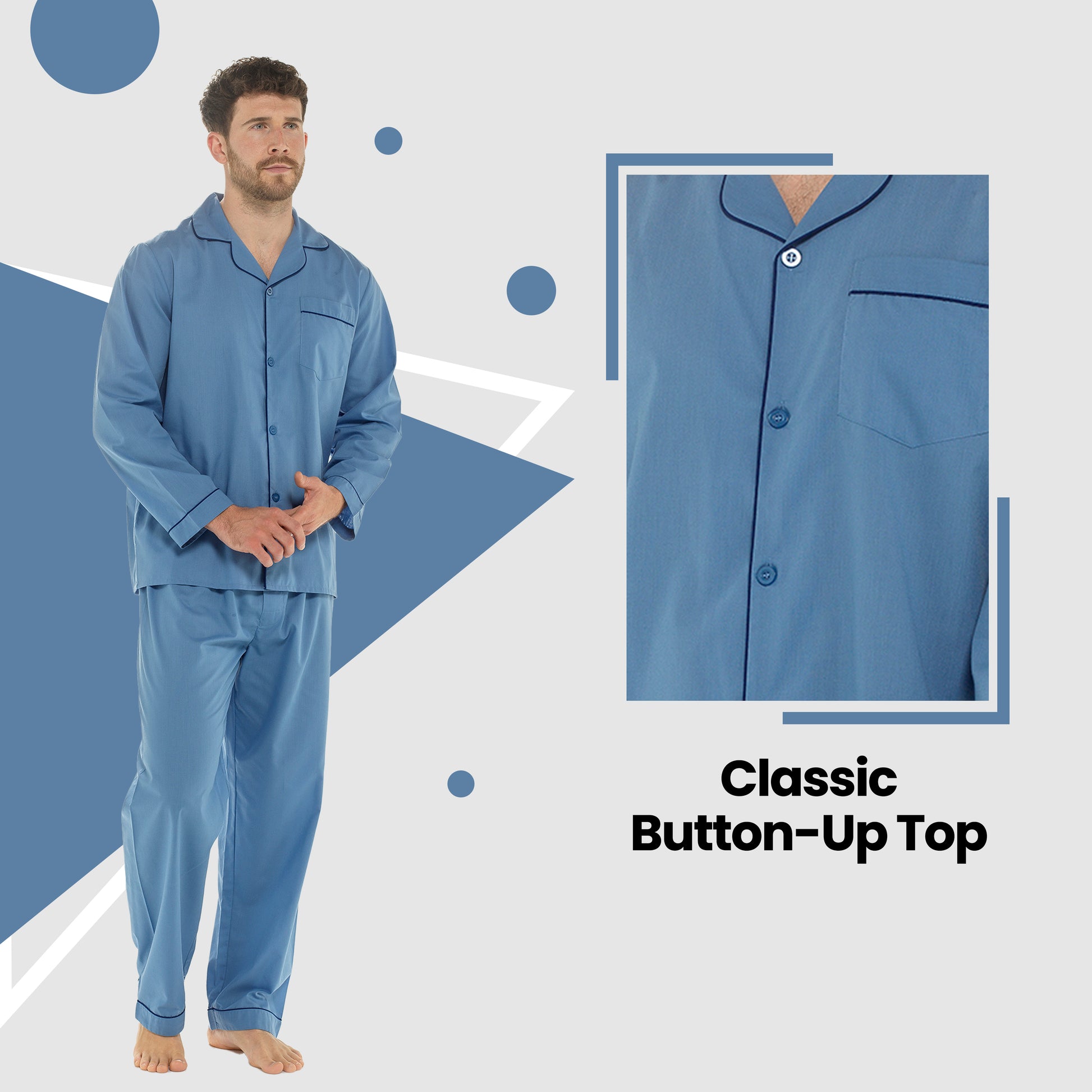 Men's Classic Blue Woven Pyjama Set Long Sleeve Button Top & Bottoms Easy Care Nightwear Sleepwear by Sock Stack. Buy now for £15.00.
