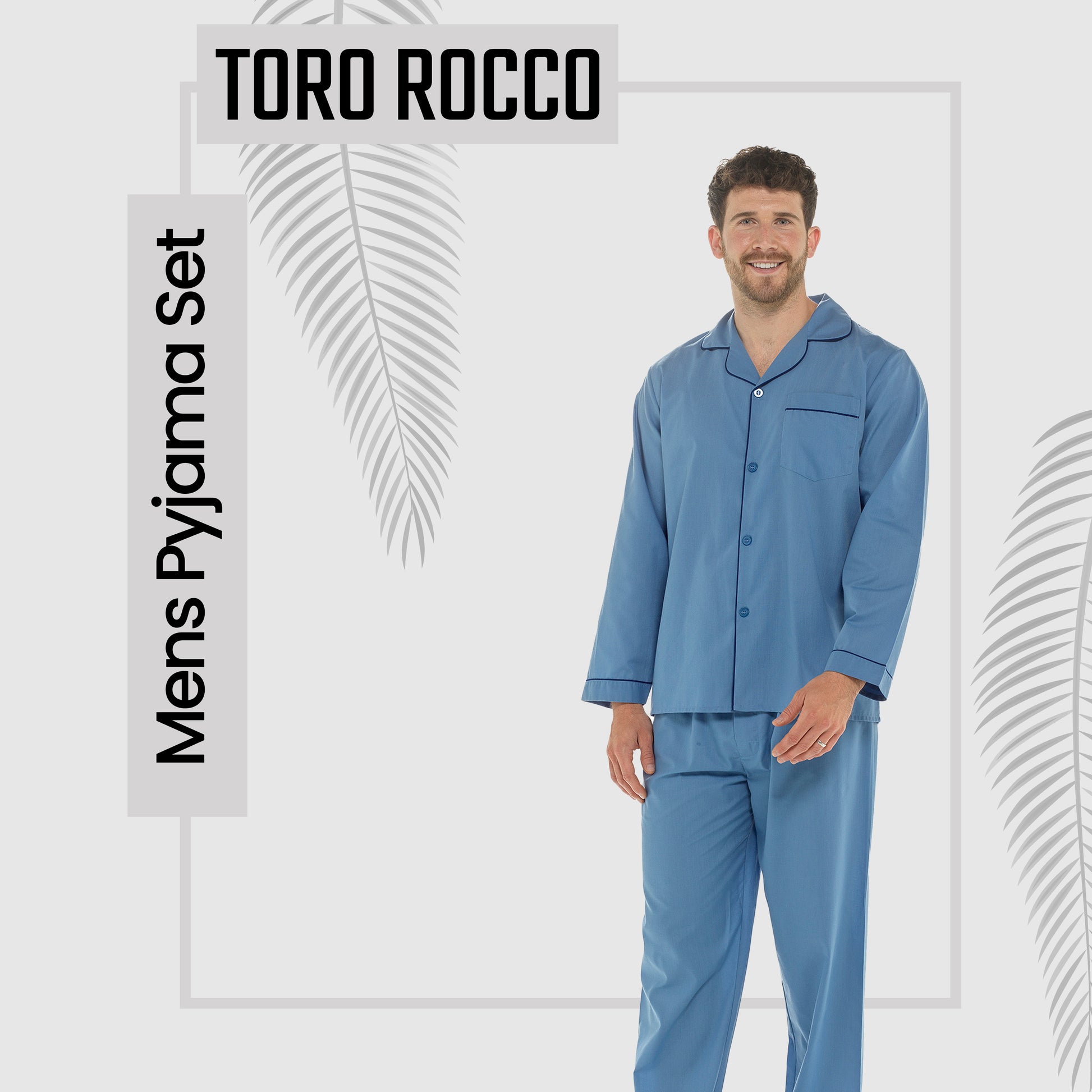 Men's Classic Blue Woven Pyjama Set Long Sleeve Button Top & Bottoms Easy Care Nightwear Sleepwear by Sock Stack. Buy now for £15.00.