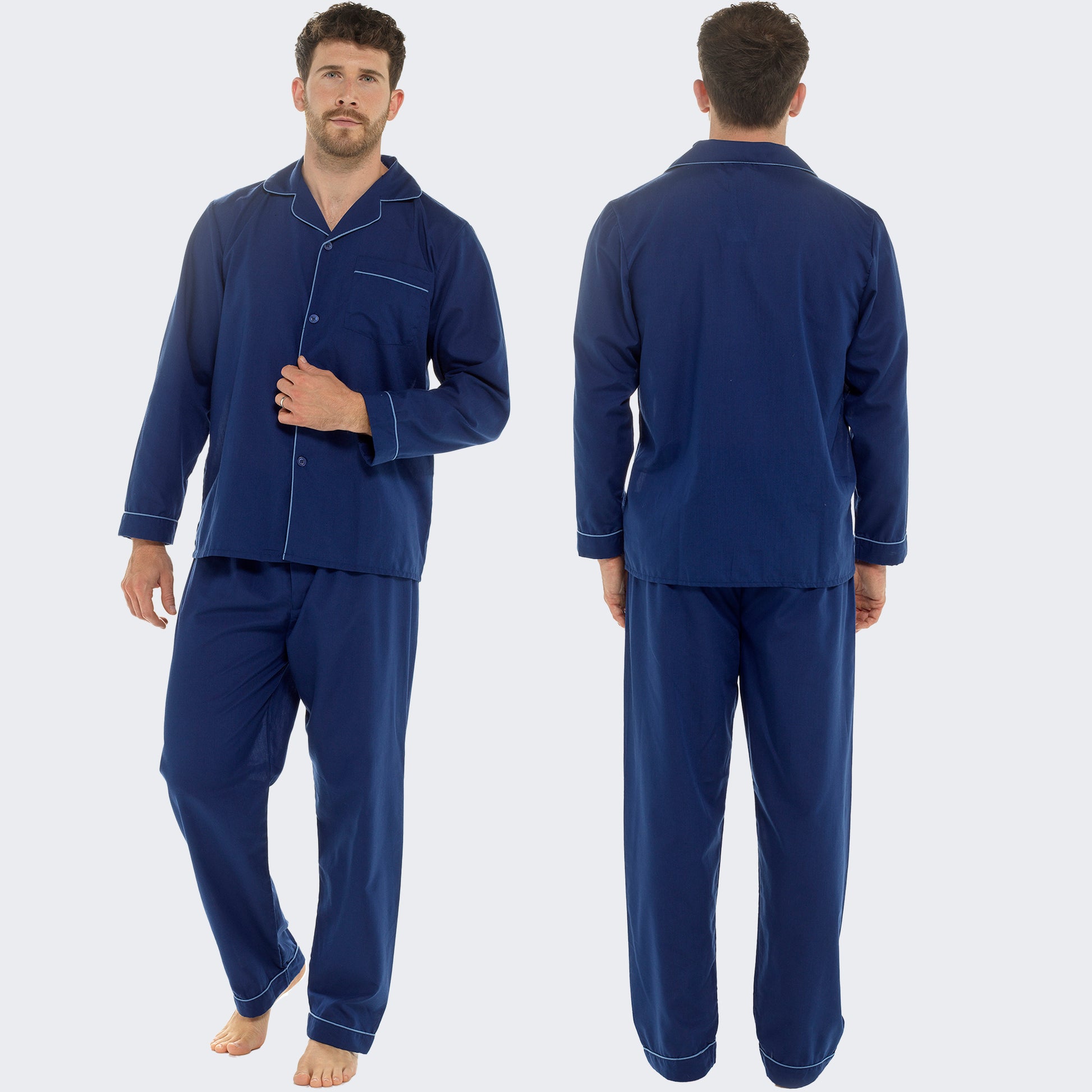 Men's Classic Navy Woven Pyjama Set Long Sleeve Button Top & Bottoms Easy Care Nightwear Sleepwear by Sock Stack. Buy now for £15.00.