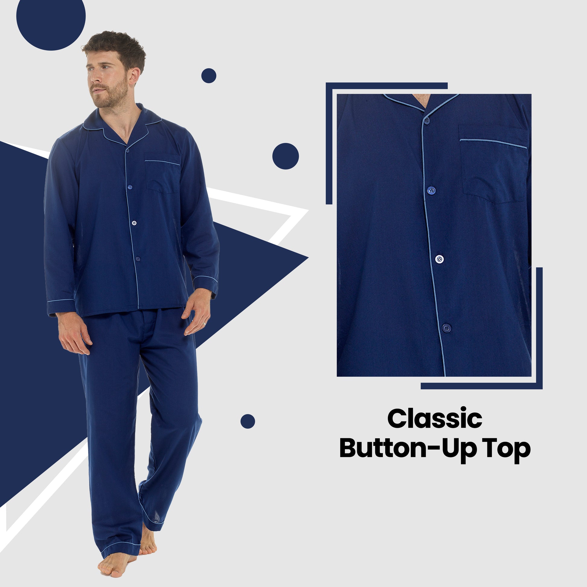 Men's Classic Navy Woven Pyjama Set Long Sleeve Button Top & Bottoms Easy Care Nightwear Sleepwear by Sock Stack. Buy now for £15.00.