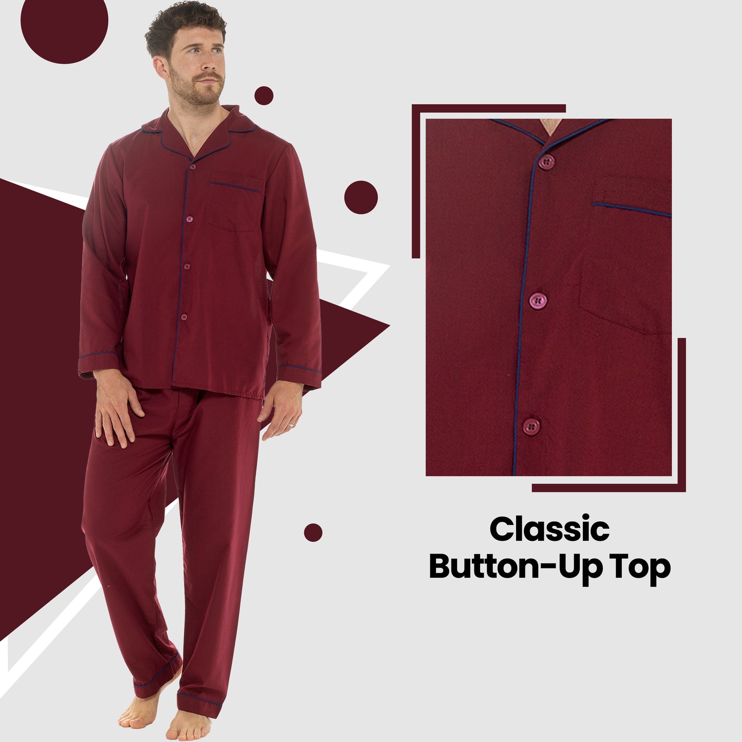 Men's Classic Red Woven Pyjama Set Long Sleeve Button Top & Bottoms Easy Care Nightwear Sleepwear by Sock Stack. Buy now for £15.00.