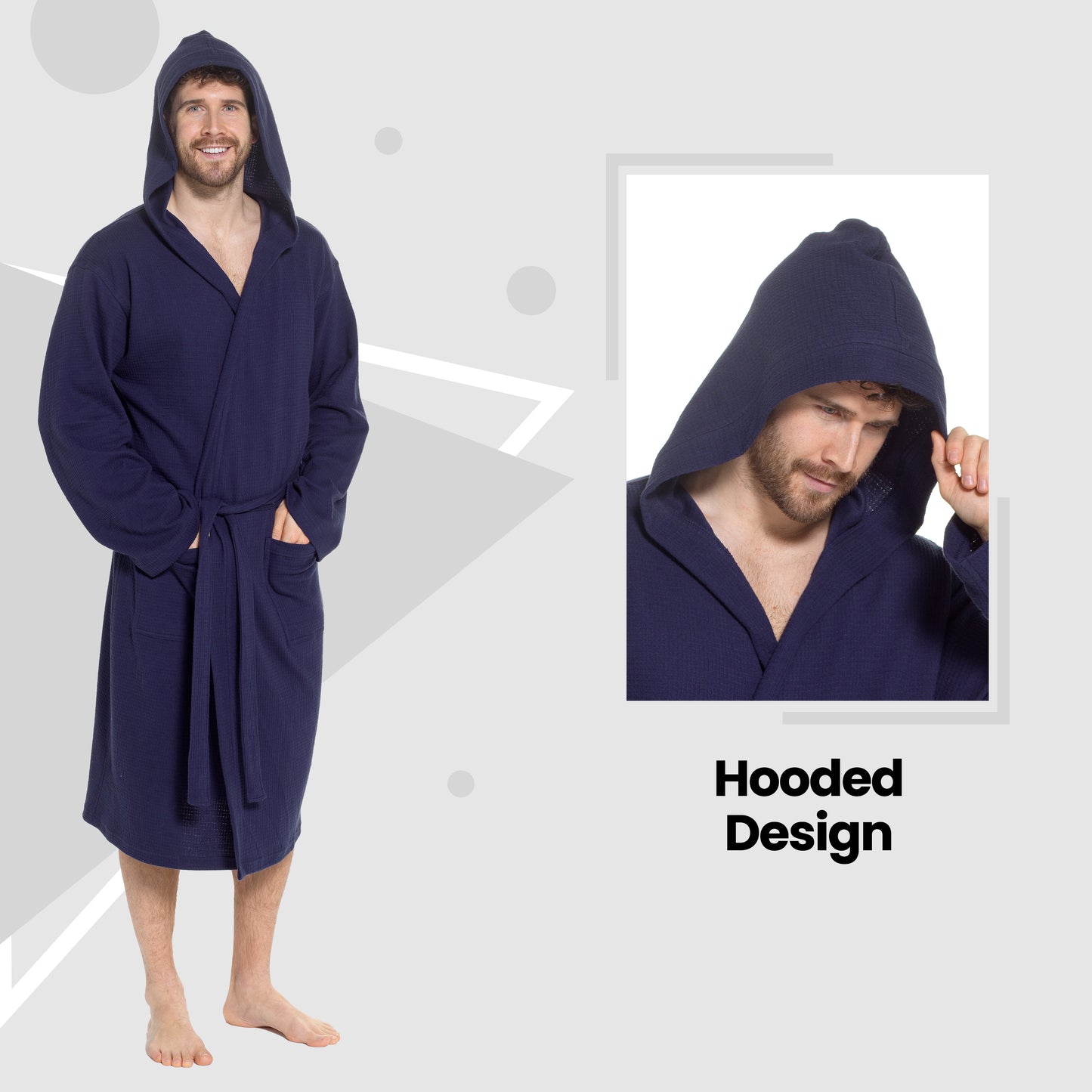 Men’s Hooded Waffle Cotton Bathrobe Navy Super Absorbent Spa Robe Luxury Dressing Gown for Home & Loungewear by Sock Stack. Buy now for £17.00.
