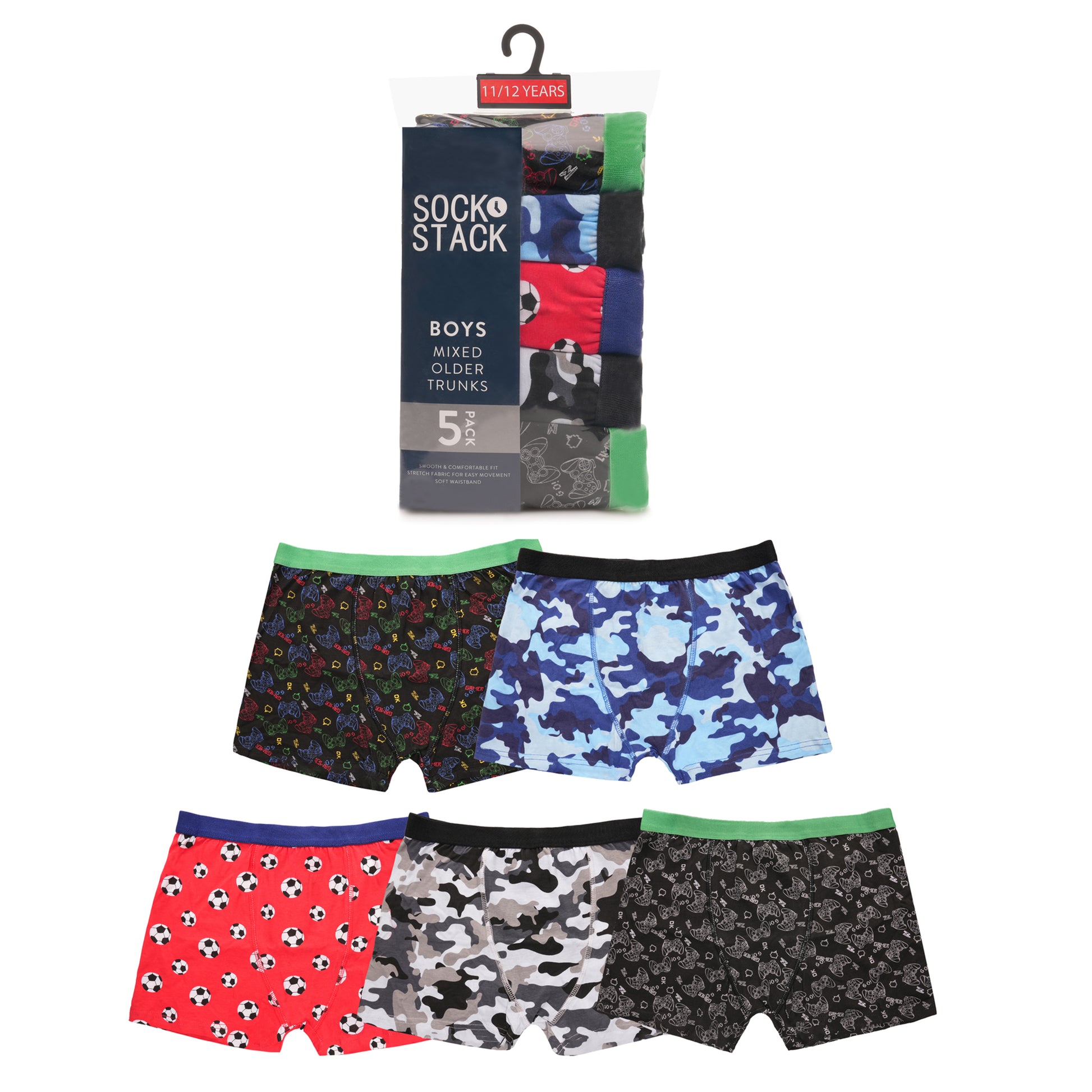Pack of 5 Boys Boxer Shorts Cotton Rich Football Army Gamer Designs Elastic Waistband Comfortable Underwear for Active Kids by Sock Stack. Buy now for £9.00.