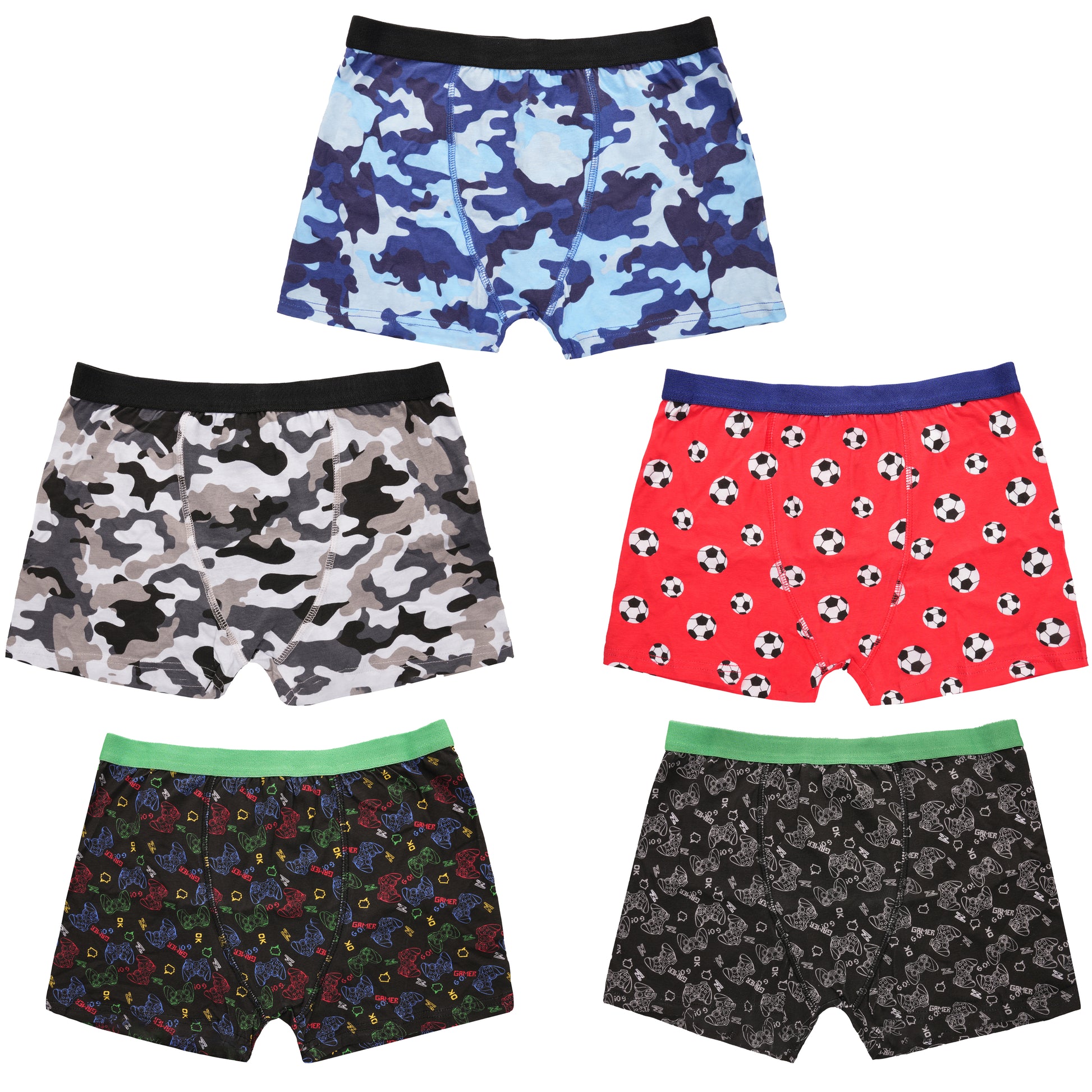 Pack of 5 Boys Boxer Shorts Cotton Rich Football Army Gamer Designs Elastic Waistband Comfortable Underwear for Active Kids by Sock Stack. Buy now for £9.00.