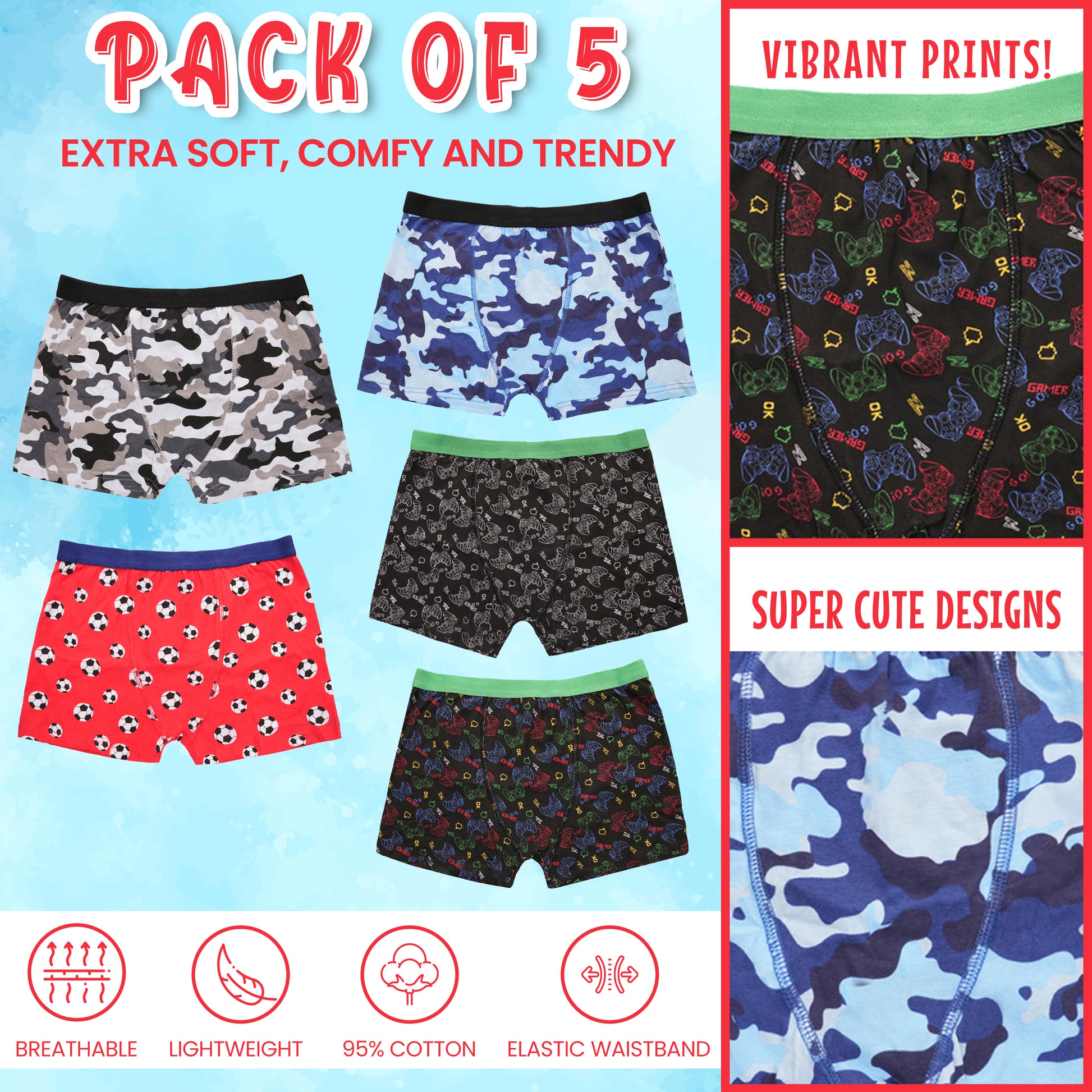 Pack of 5 Boys Boxer Shorts Cotton Rich Football Army Gamer Designs Elastic Waistband Comfortable Underwear for Active Kids by Sock Stack. Buy now for £9.00.
