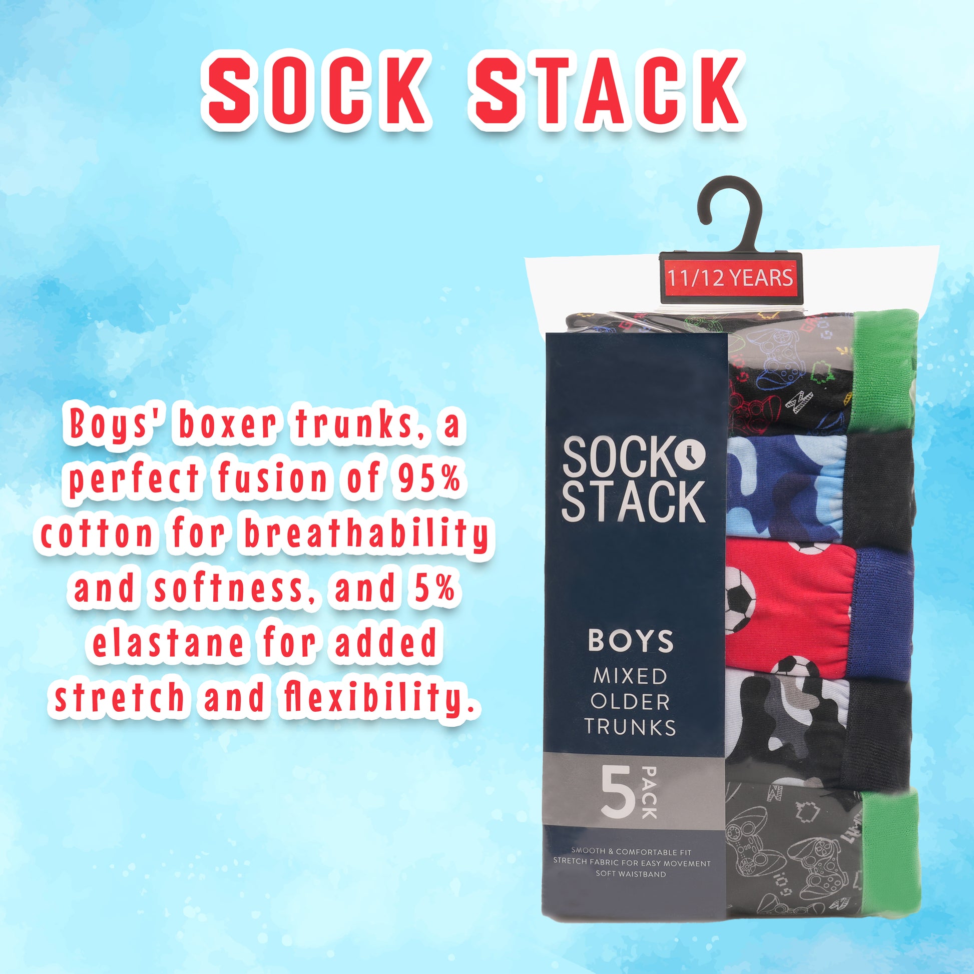 Pack of 5 Boys Boxer Shorts Cotton Rich Football Army Gamer Designs Elastic Waistband Comfortable Underwear for Active Kids by Sock Stack. Buy now for £9.00.