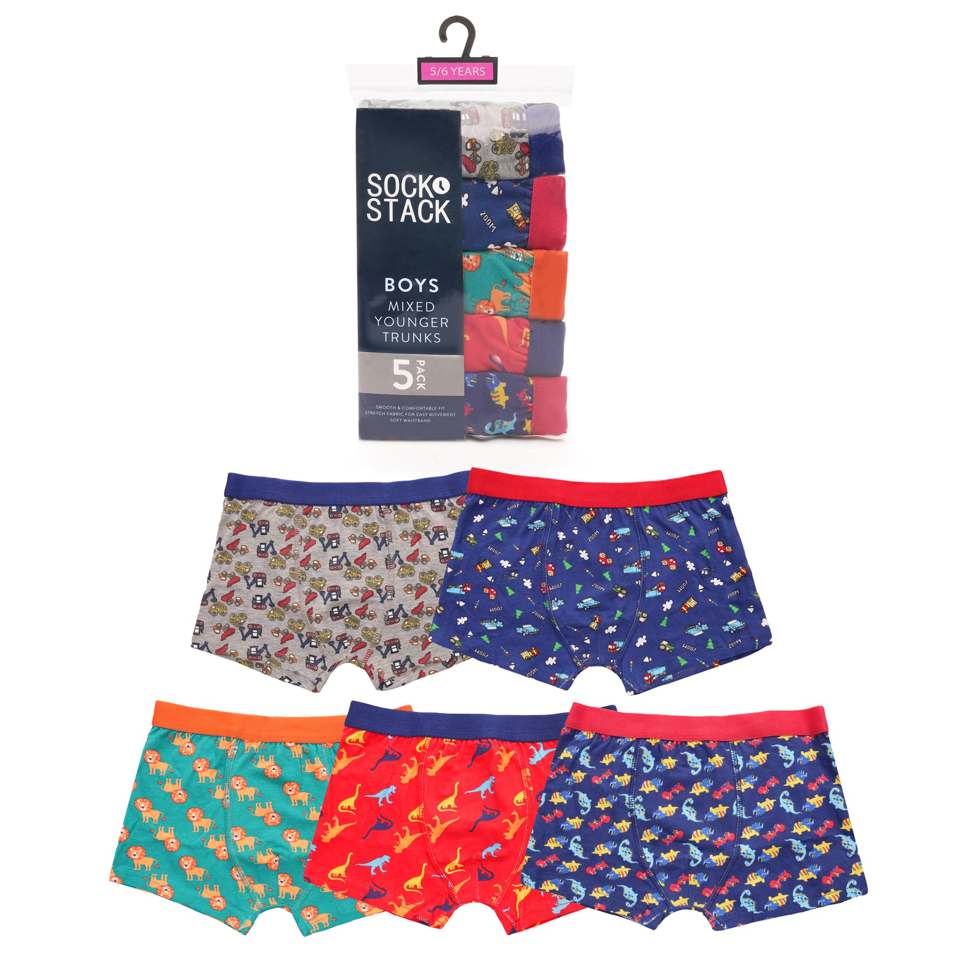 Pack of 5 Boys Boxer Shorts Fun Prints Comfortable Underpants Elastic Waistband Breathable Stretchable Kids Boxer Trunks for Everyday Wear by Sock Stack. Buy now for £9.00.
