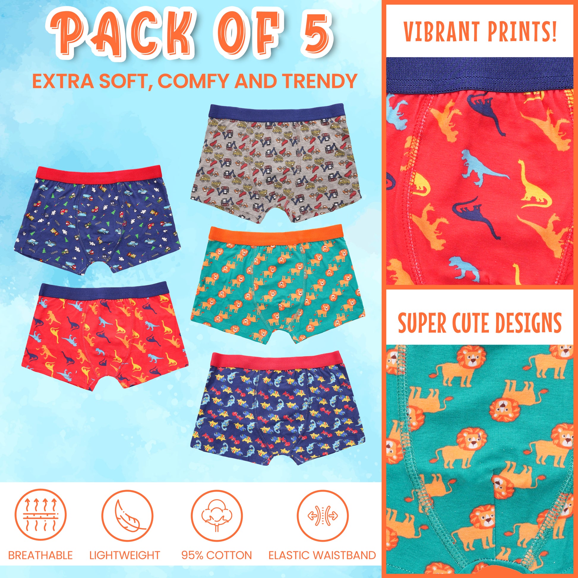 Pack of 5 Boys Boxer Shorts Fun Prints Comfortable Underpants Elastic Waistband Breathable Stretchable Kids Boxer Trunks for Everyday Wear by Sock Stack. Buy now for £9.00.