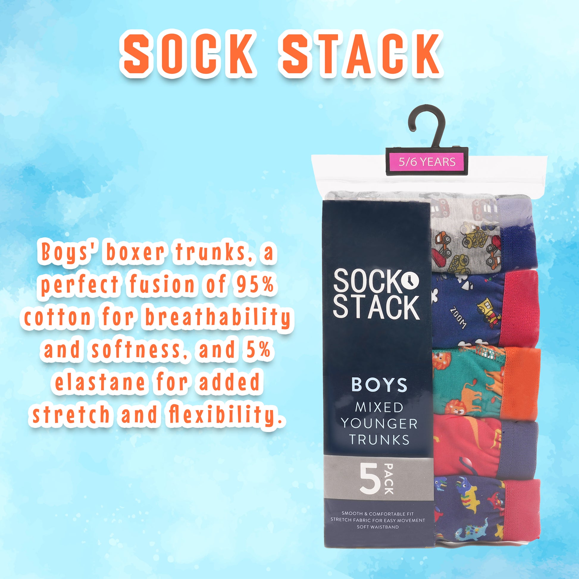 Pack of 5 Boys Boxer Shorts Fun Prints Comfortable Underpants Elastic Waistband Breathable Stretchable Kids Boxer Trunks for Everyday Wear by Sock Stack. Buy now for £9.00.