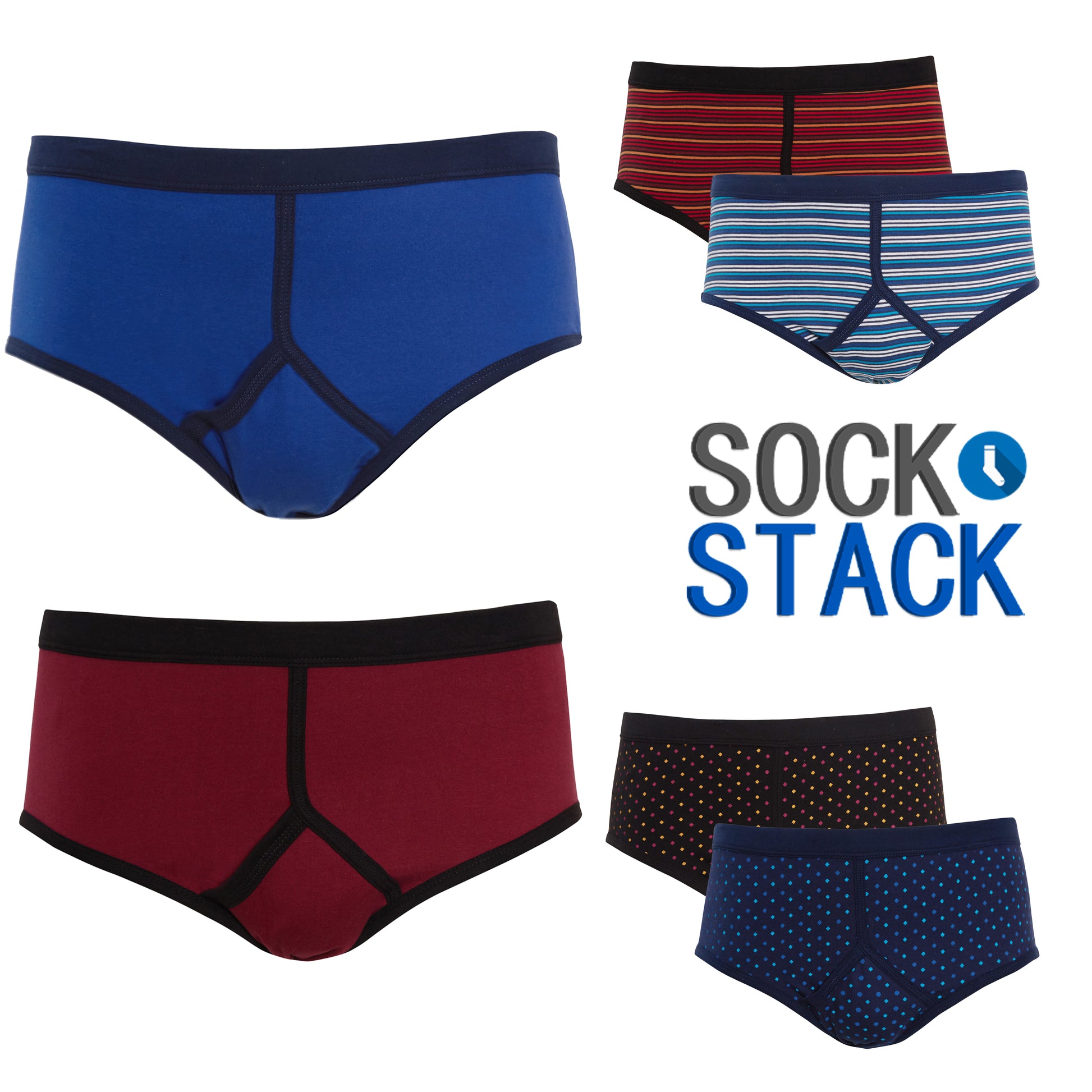 Pack of 6 Men's Printed Cotton Blend Briefs Classic Fit Underwear with Elastic Waistband Plain Dot & Stripe Designs by Sock Stack. Buy now for £14.00.