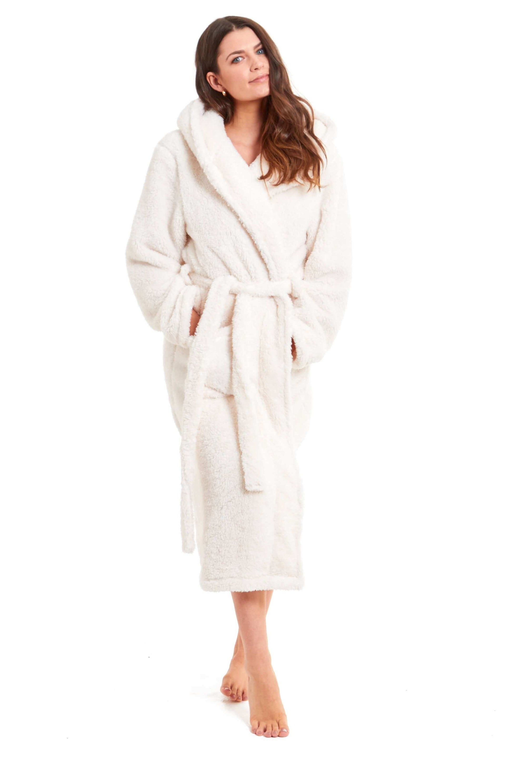 Women's Cream Snuggle Fleece Dressing Gown, Ladies Robes. Buy now for £25.00. A Robe by Daisy Dreamer. bath robe, bathrobe, cream, daisy dreamer, fleece, Fleece Pyjama, hooded robe, ladies, long sleeve, loungewear, natural, nightwear, polyester, robe, sle