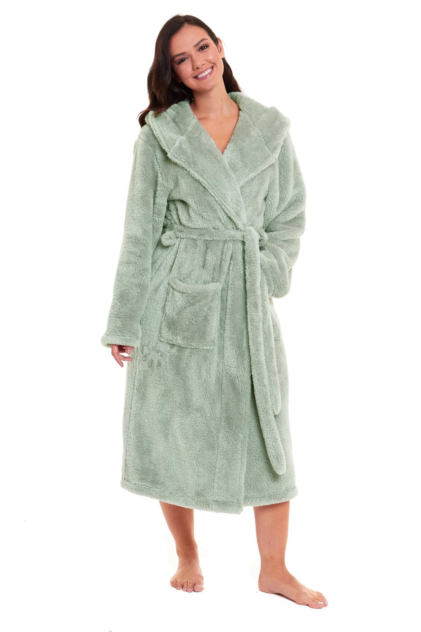 Women's Sage Green Fleece Dressing Gown, Ladies Robes. Buy now for £20.00. A Robe by Daisy Dreamer. bathrobe, daisy dreamer, dressing, dressing gown, fleece, green, hooded robe, ladies, large, long sleeve, loungewear, medium, natural, nightwear, plush fle