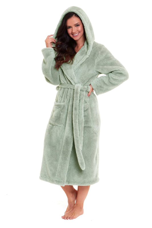 Women's Sage Green Fleece Dressing Gown, Ladies Robes. Buy now for £20.00. A Robe by Daisy Dreamer. bathrobe, daisy dreamer, dressing, dressing gown, fleece, green, hooded robe, ladies, large, long sleeve, loungewear, medium, natural, nightwear, Out of st