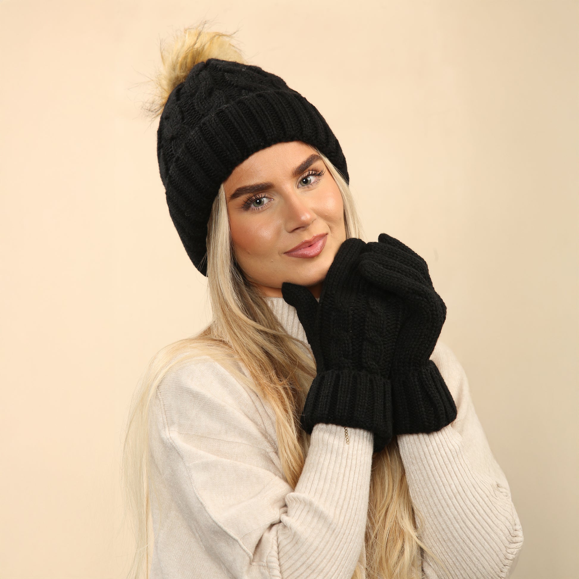 Women's Black Chunky Knit Winter Hat & Gloves Set Faux Fur Pom Pom Warm & Stylish Beanie for Ladies By Heatwave Thermalwear. Buy now for £14.00.