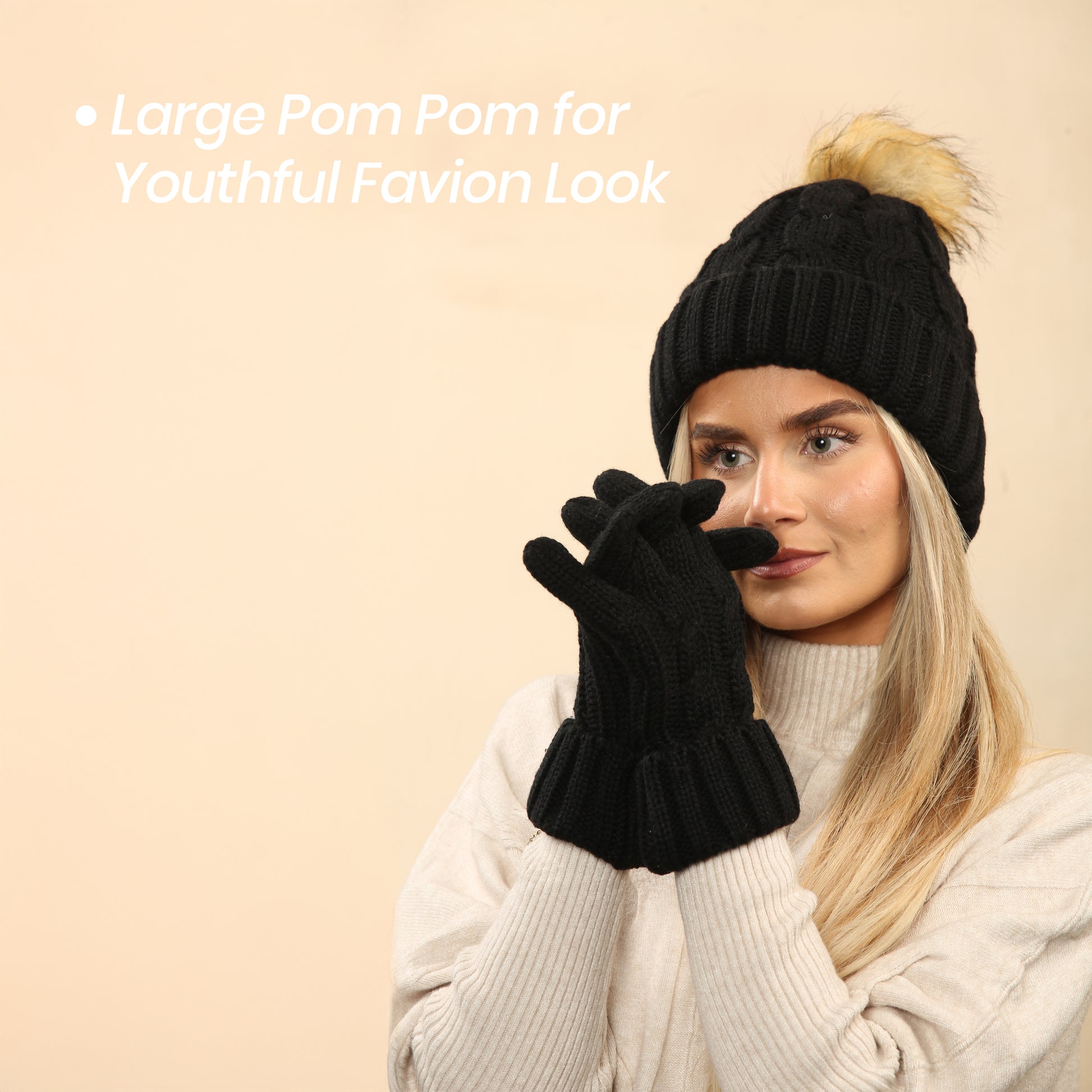Women's Black Chunky Knit Winter Hat & Gloves Set Faux Fur Pom Pom Warm & Stylish Beanie for Ladies By Heatwave Thermalwear. Buy now for £14.00.