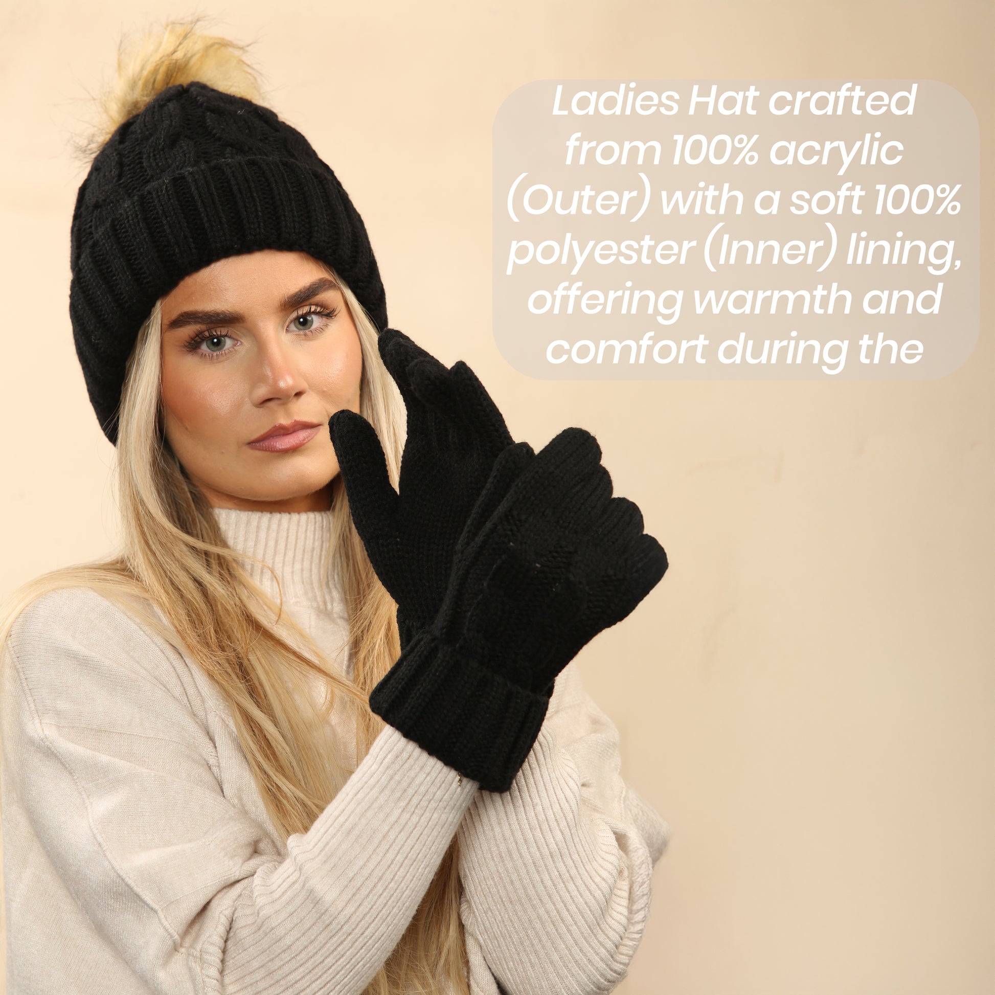 Women's Black Chunky Knit Winter Hat & Gloves Set Faux Fur Pom Pom Warm & Stylish Beanie for Ladies By Heatwave Thermalwear. Buy now for £14.00.
