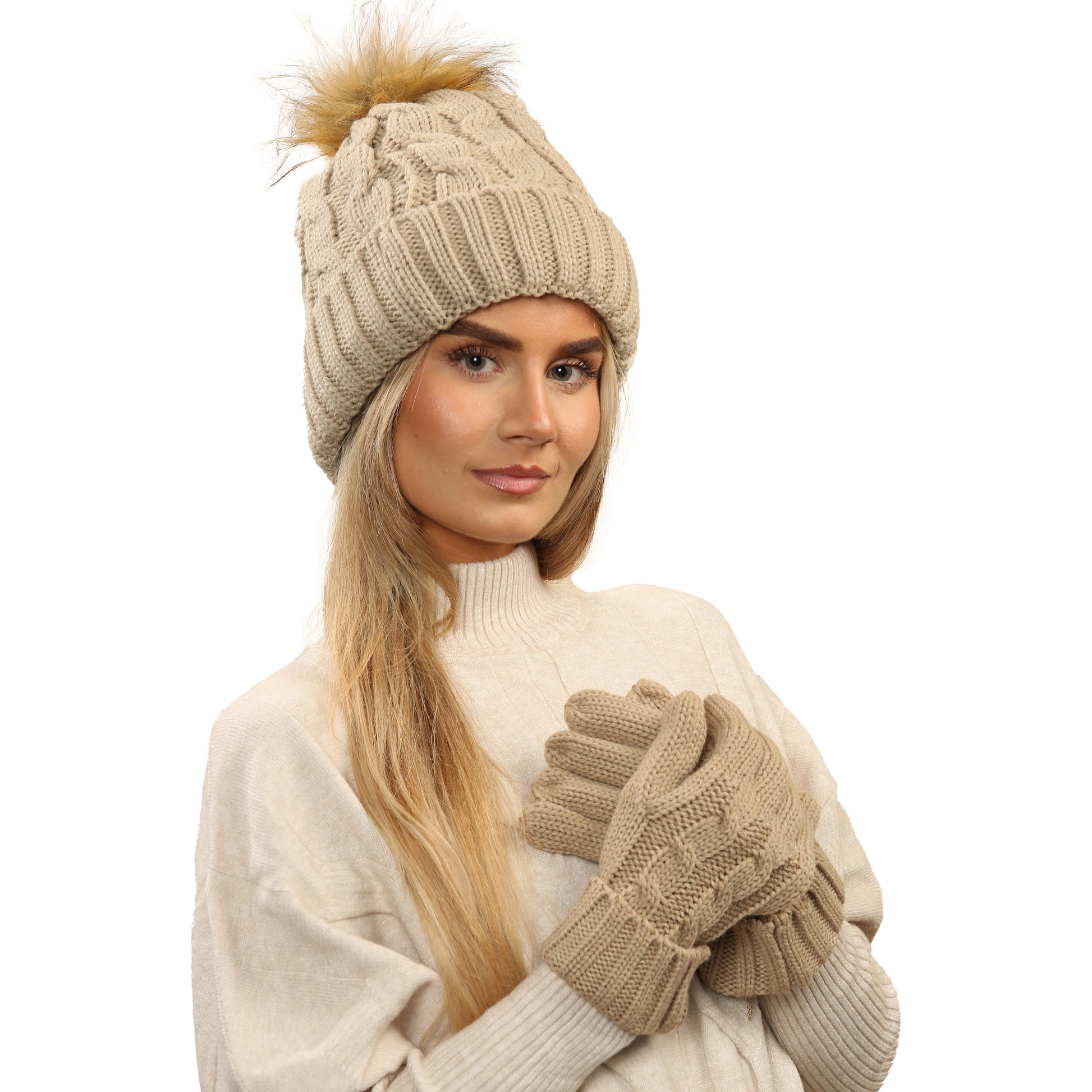 Women's Cream Chunky Knit Winter Hat & Gloves Set Faux Fur Pom Pom Warm & Stylish Beanie for Ladies By Heatwave Thermalwear. Buy now for £14.00.