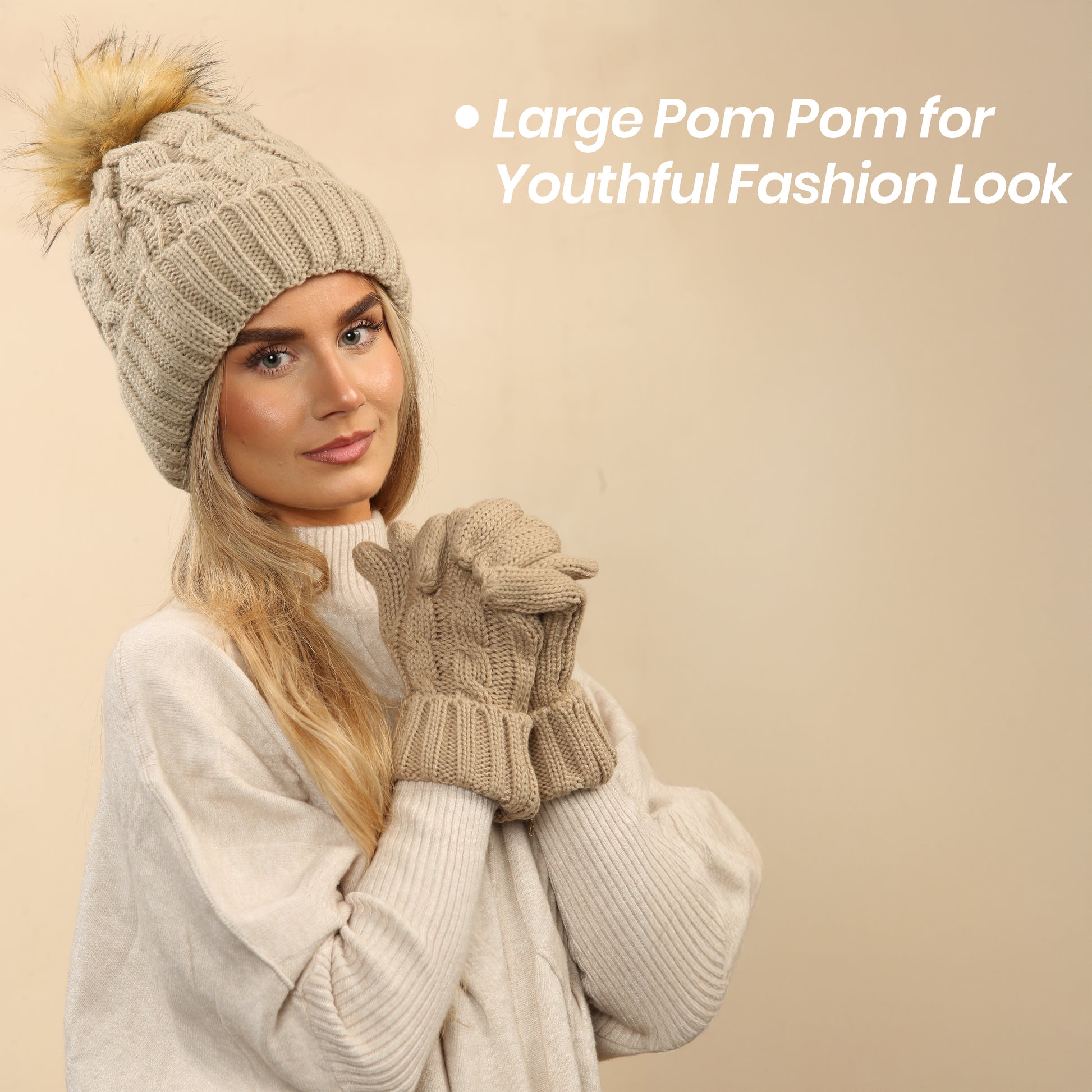 Women's Cream Chunky Knit Winter Hat & Gloves Set Faux Fur Pom Pom Warm & Stylish Beanie for Ladies By Heatwave Thermalwear. Buy now for £14.00.