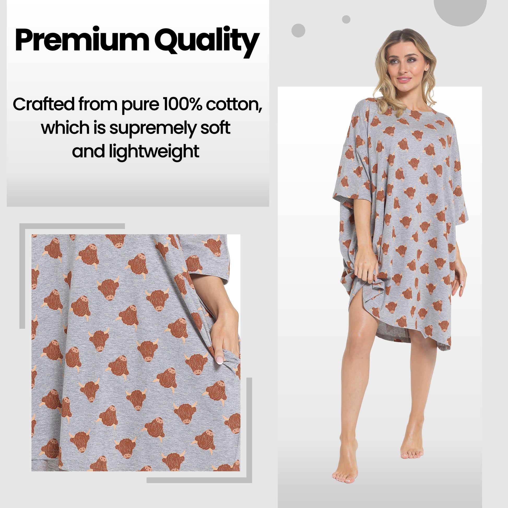Women's Highland Cow Cream Baggy Nighty Dress Oversized T-Shirt Nighties 100% Cotton Short Sleeved Nightshirt for Ladies by Daisy Dreamer. Buy now for £12.00.